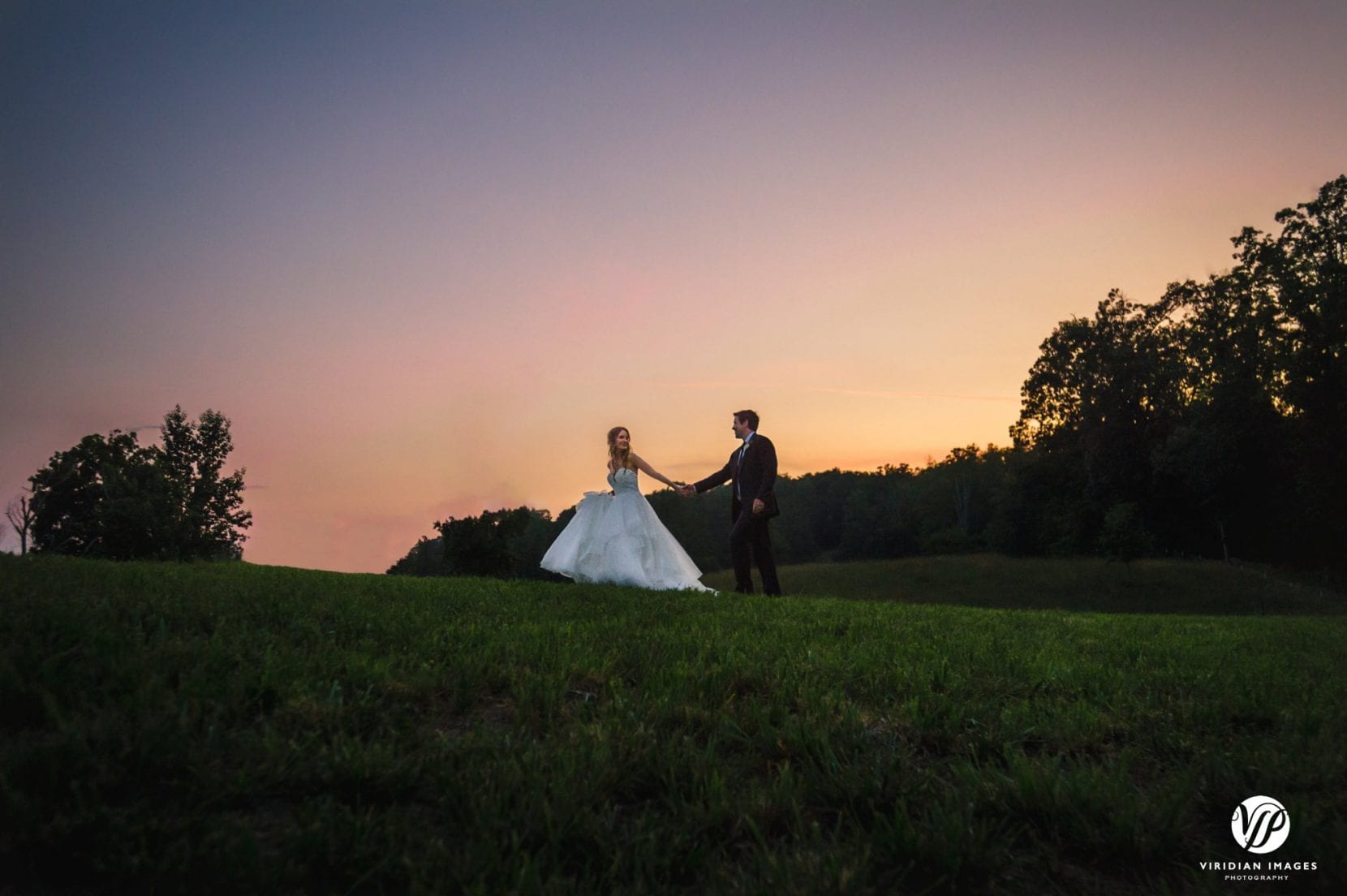 sunset portraits with bride and groom