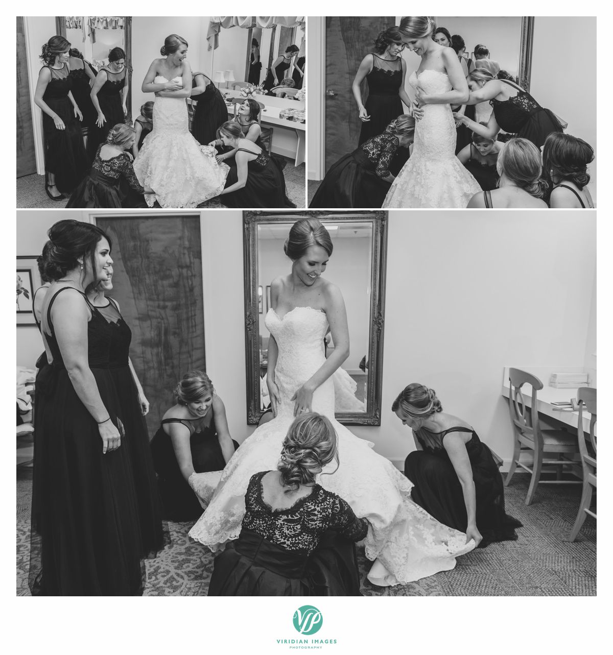 Bridesmaids helping bride into wedding dress
