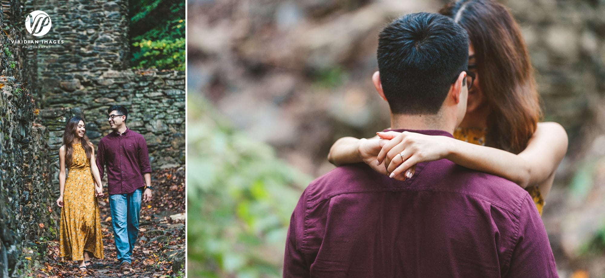 couple walking thru ruins and ring shot