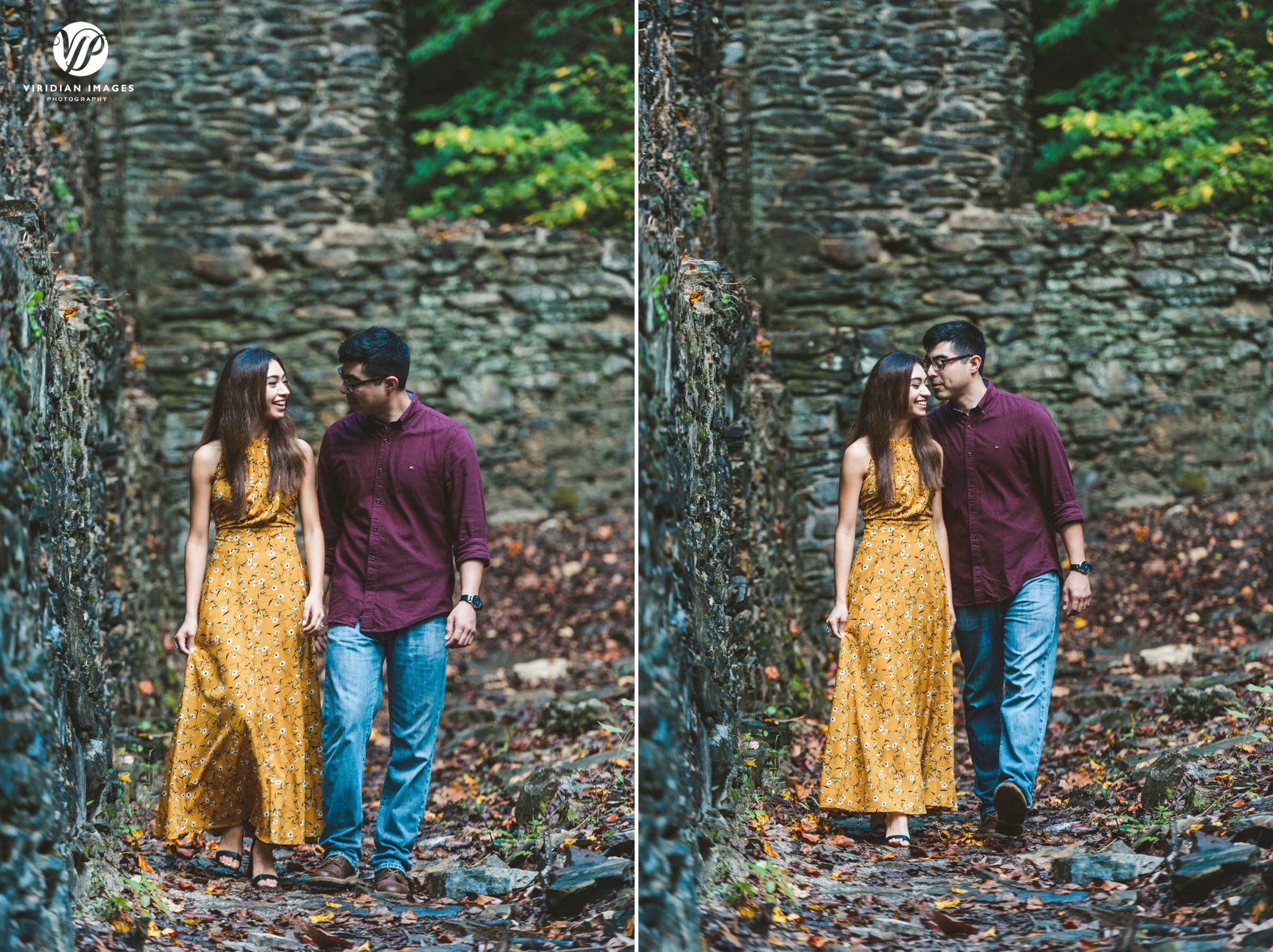 walking along stone wall ruins