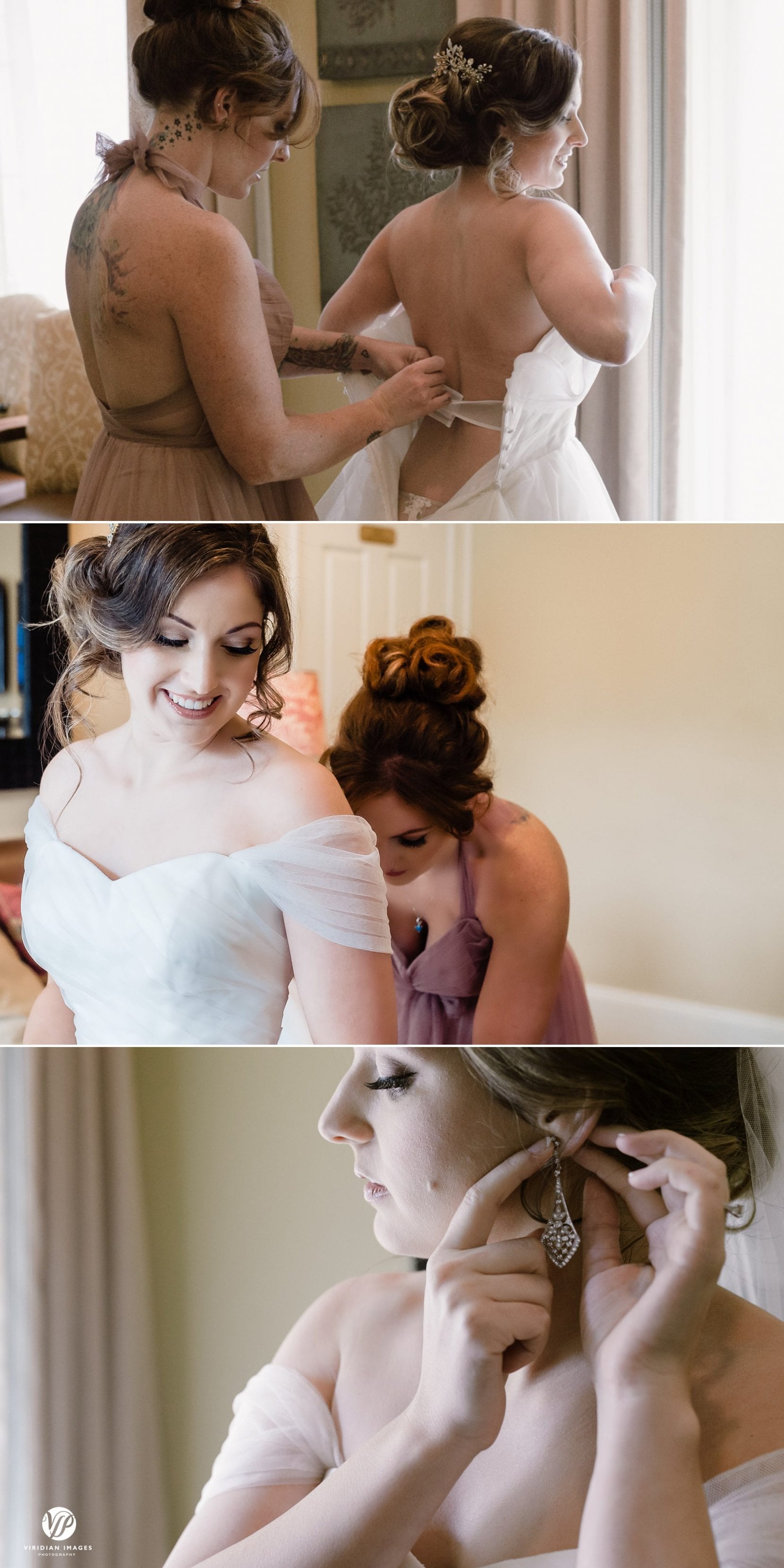 sister helping bride into dress earings