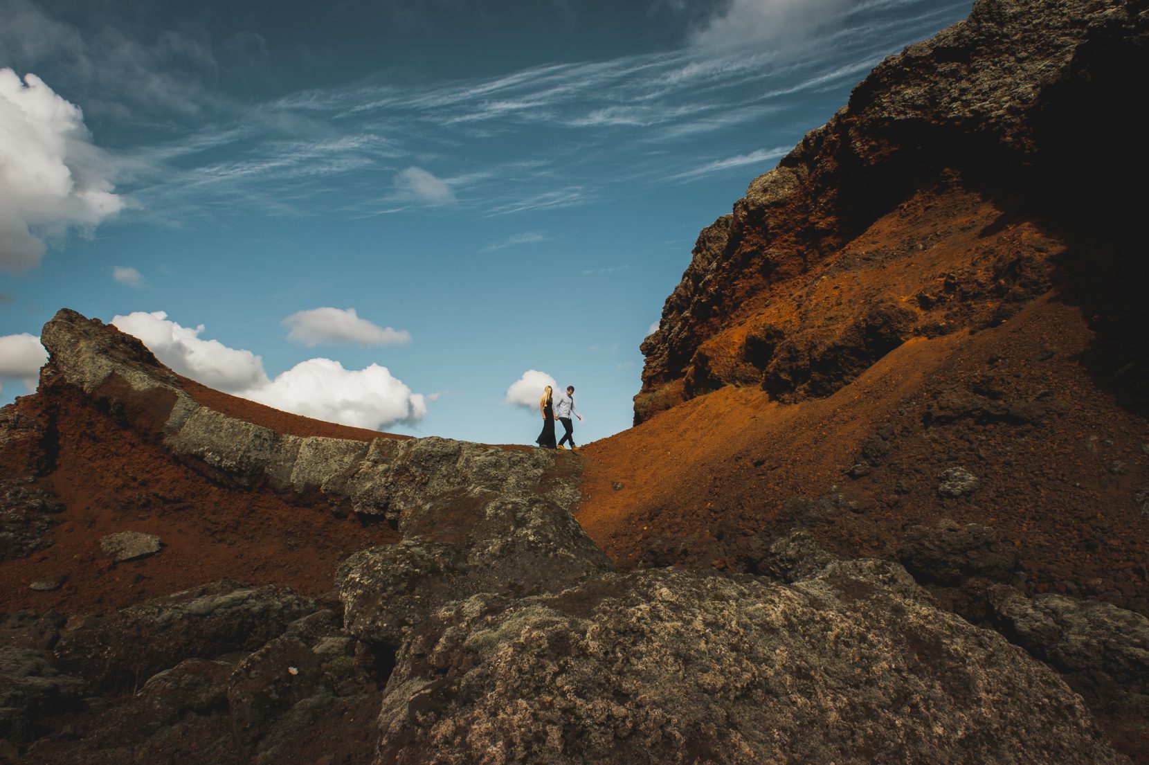 couple coming down from mountain in iceland