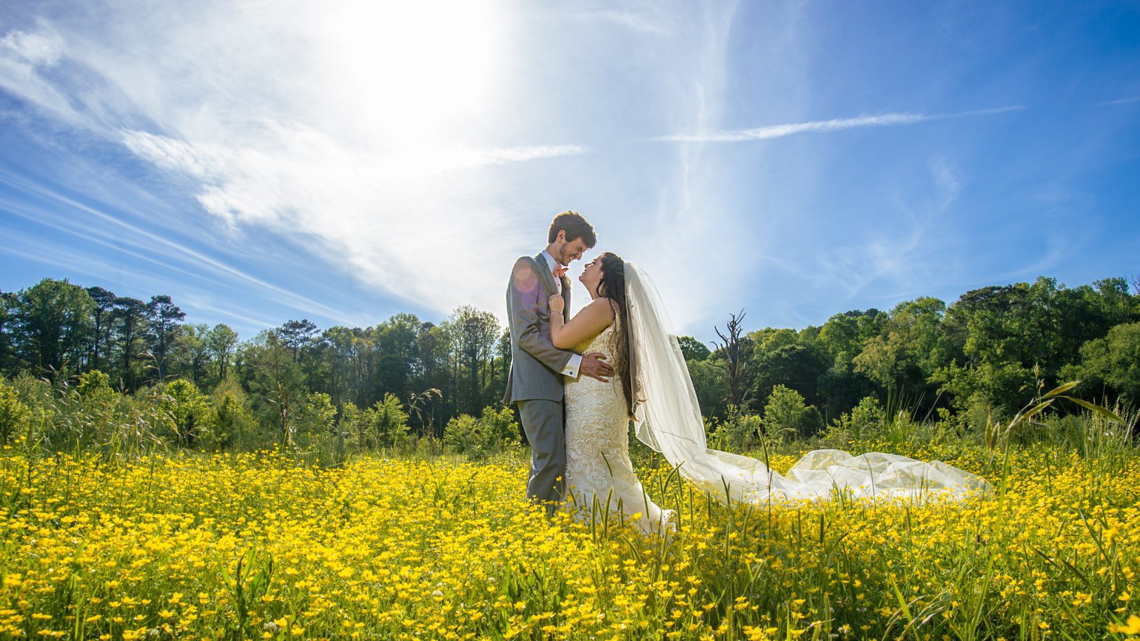 bride groom couple hugging blue skies and yellow flowers
