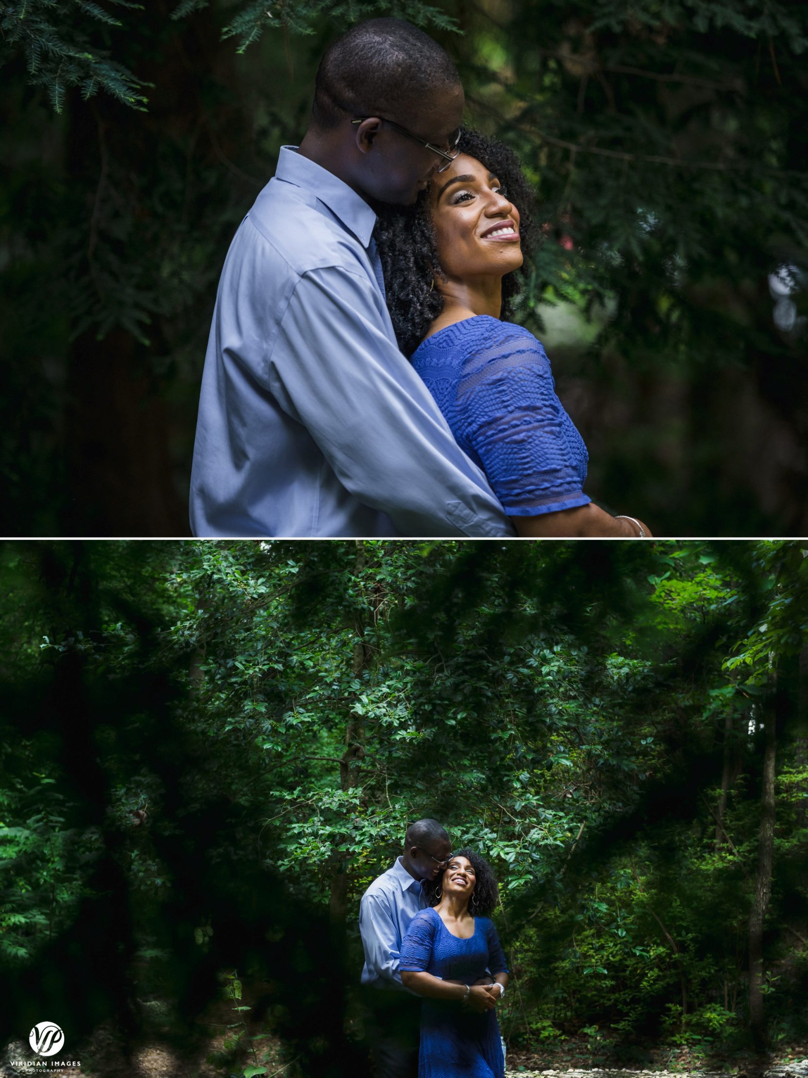 couple hugging back to chest between trees