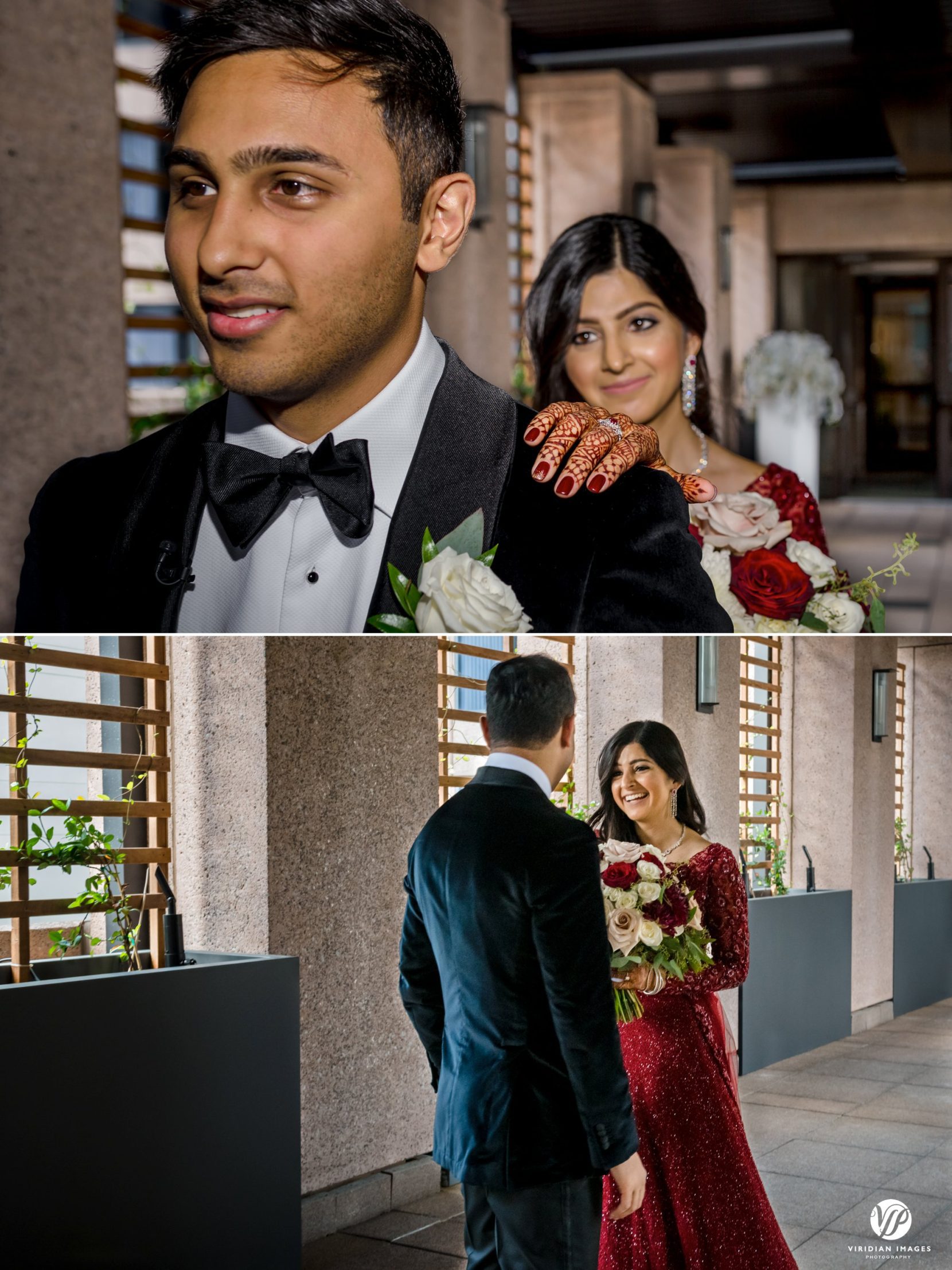 groom turns around on terrace