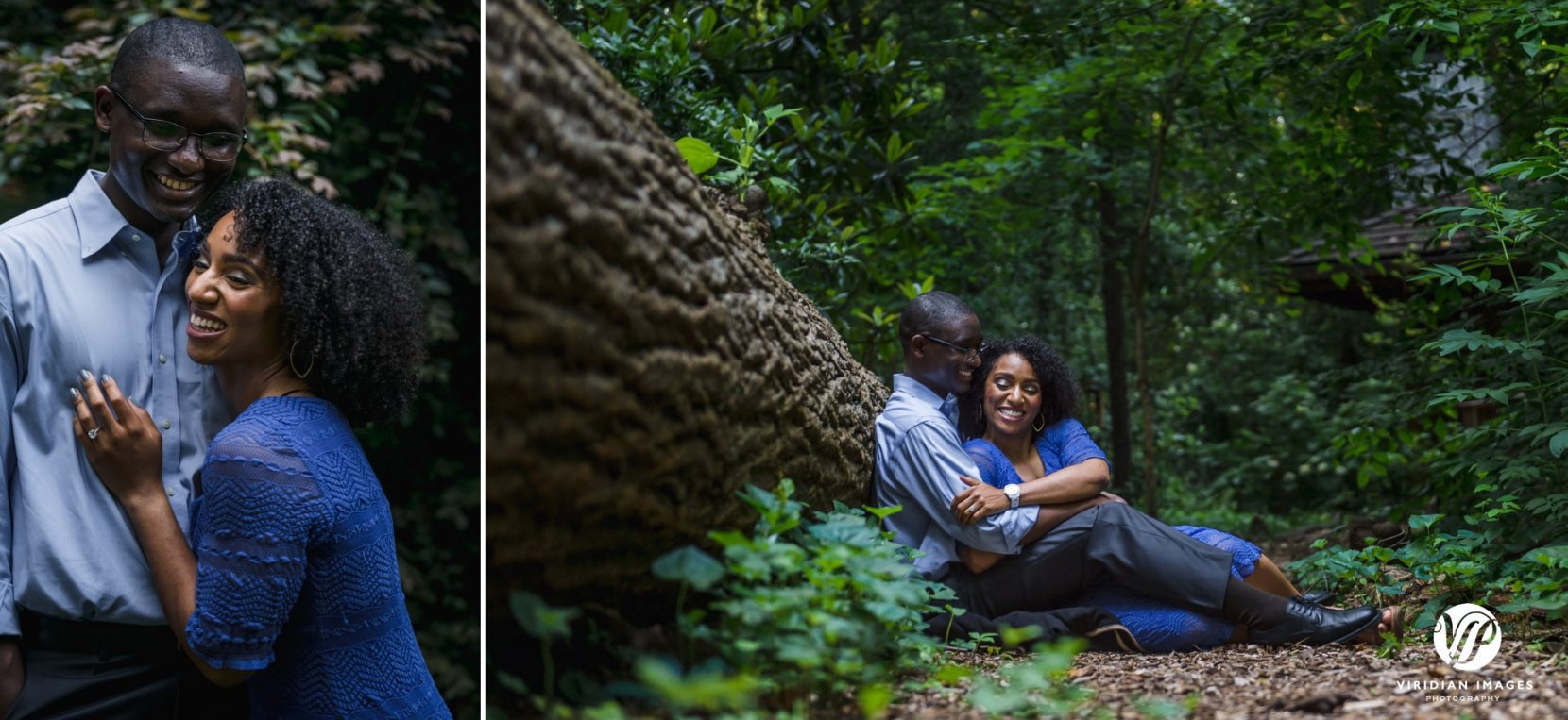 couple sitting next two fallen tree trunk in park