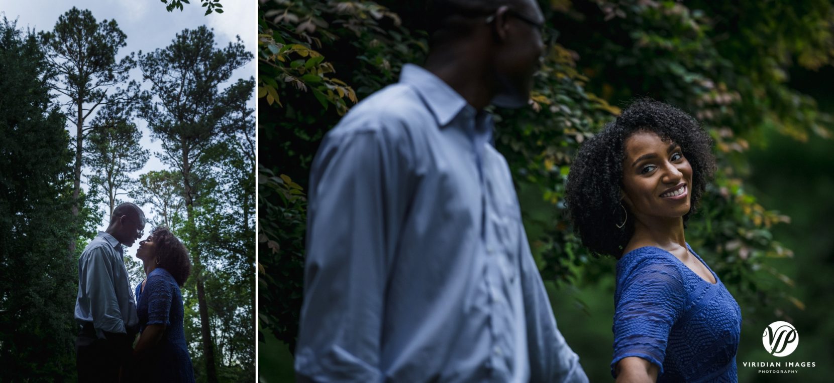 couple enjoying each other and looks back at the park engagement photo