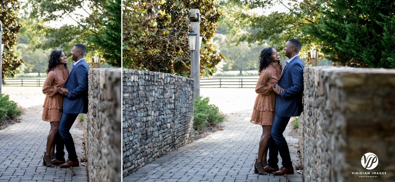 couple facing each other along stone bridge