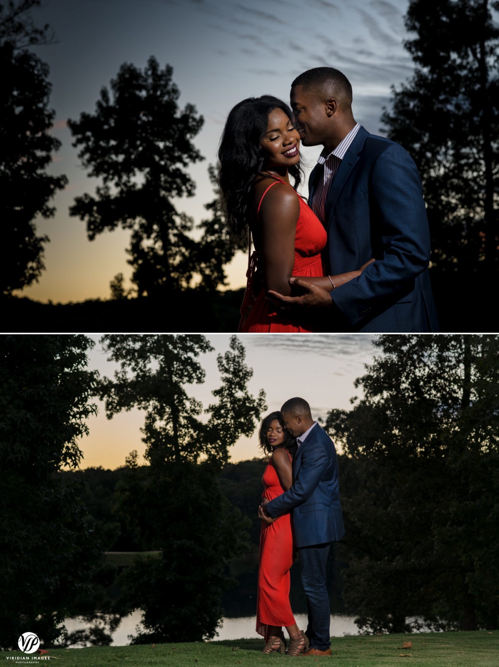 couple smiling while posing during sunset in formal attire