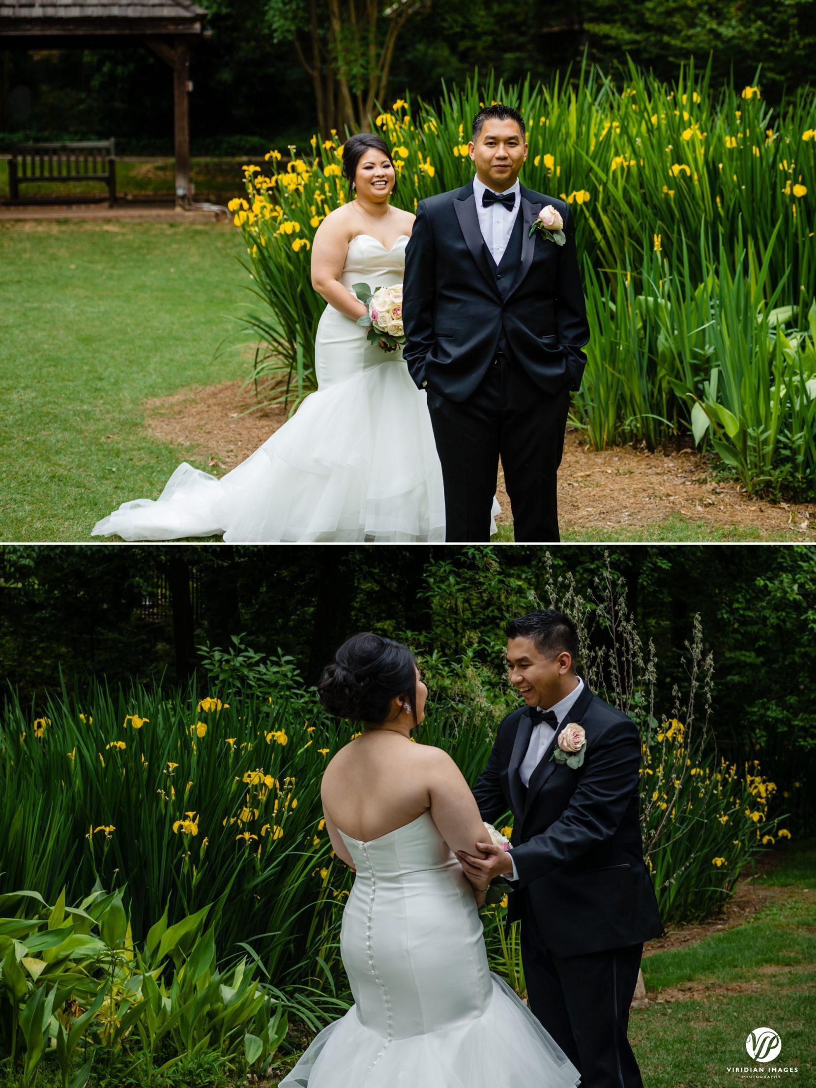 bride approaching groom for first look in garden