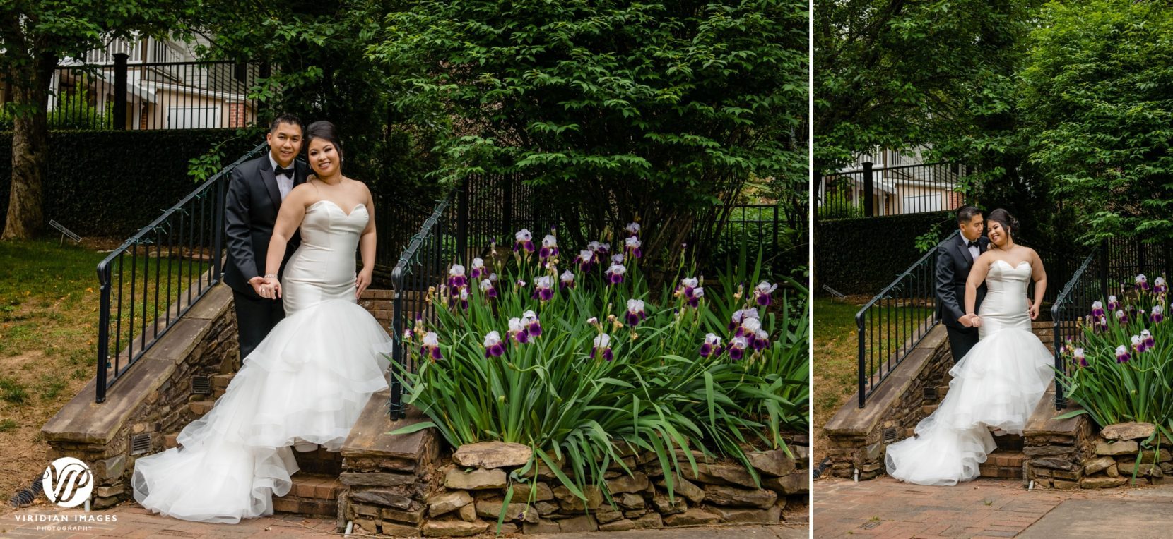 bride and groom on stair in garden with purple tulips