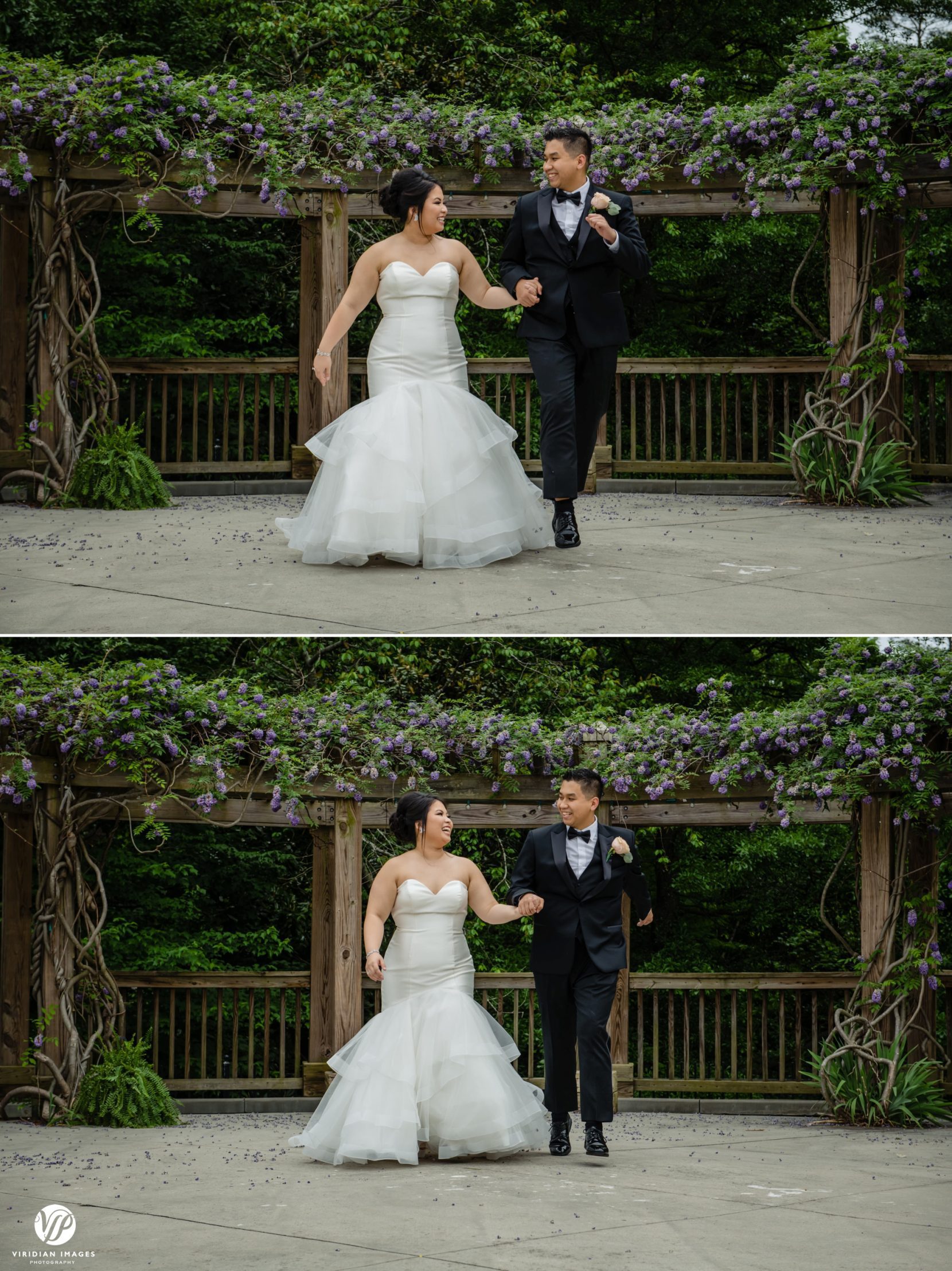 bride and groom skipping running towards camera