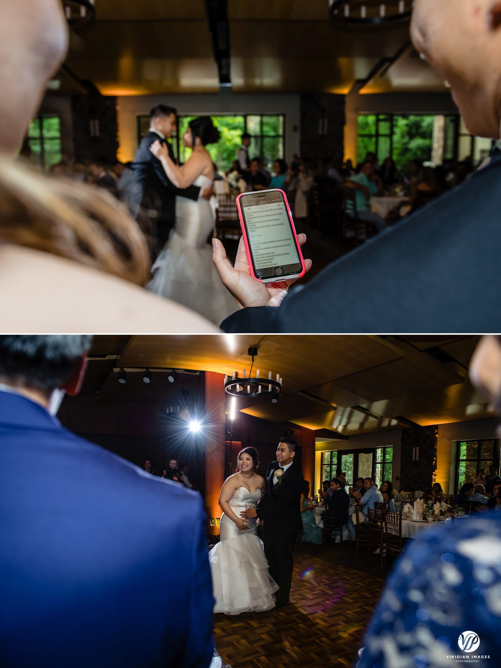bridal party reading lyrics on cell phone during singing of first dance song bride and groom a cappella