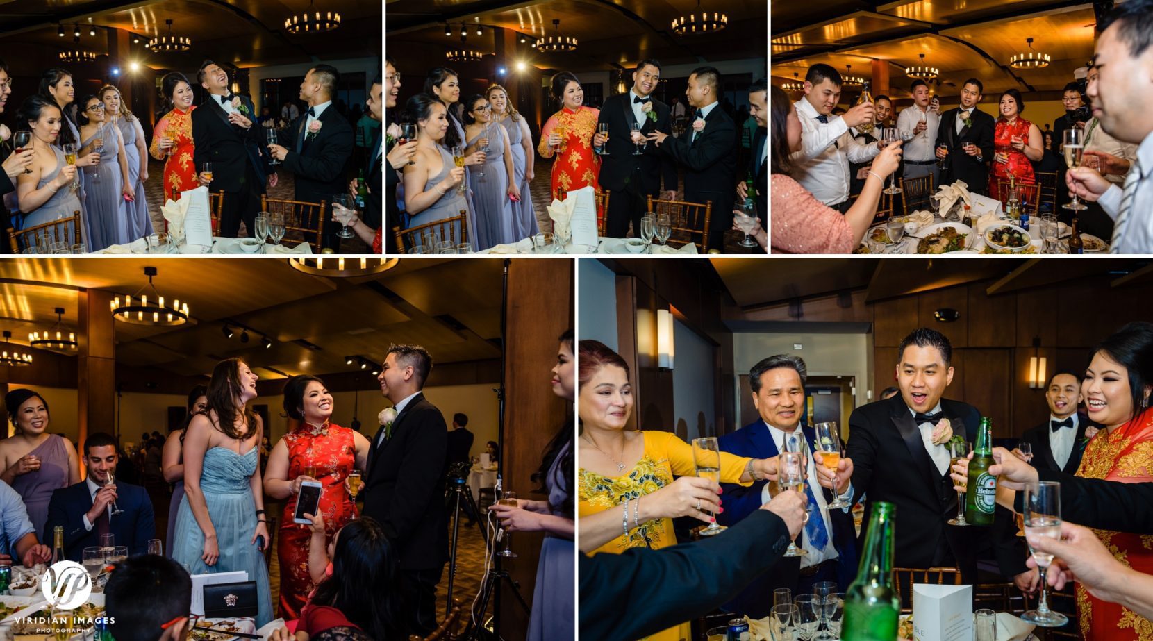 bride and groom visit tables during reception toasting