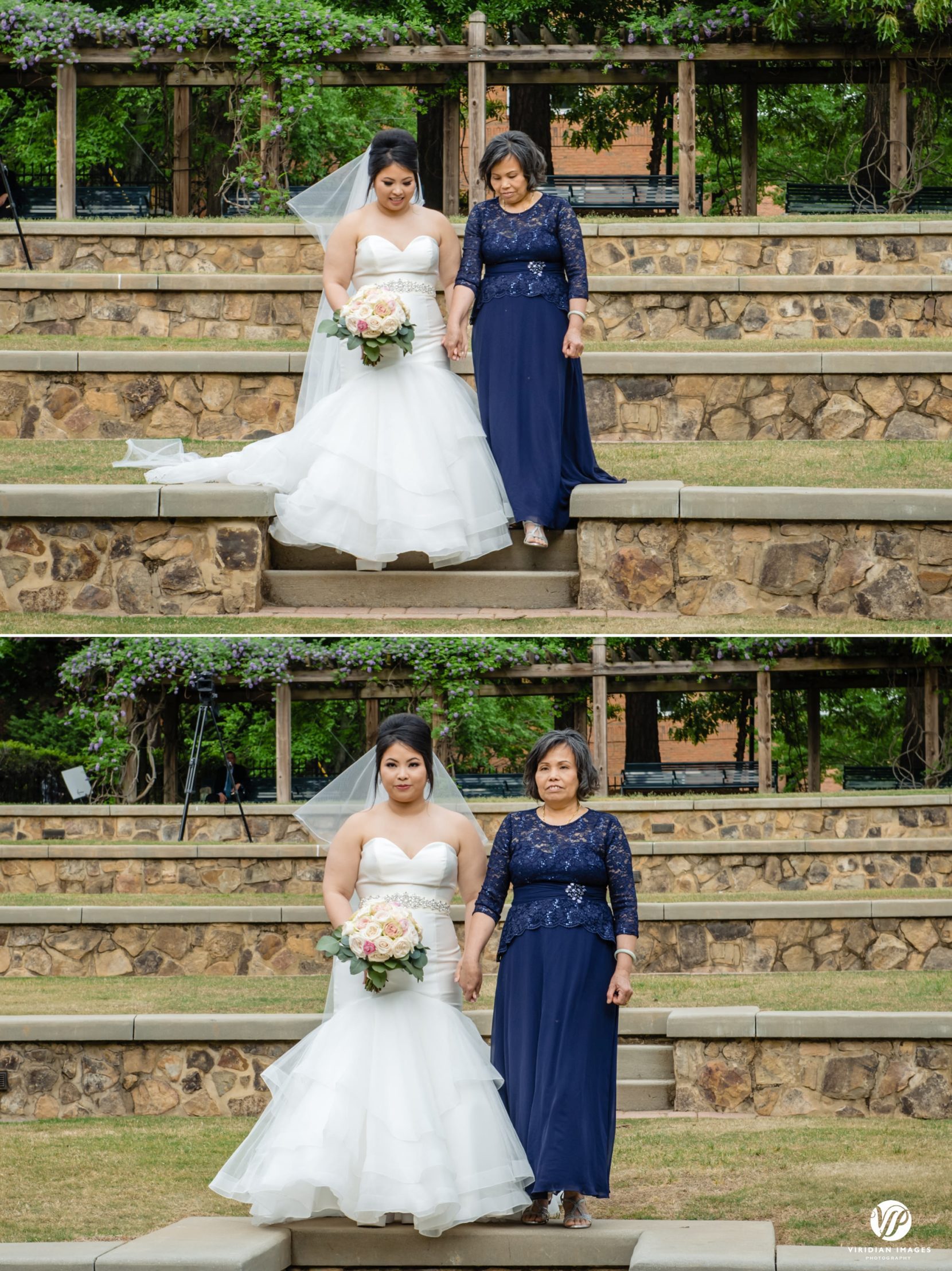 bride and mom coming down stairs in garden