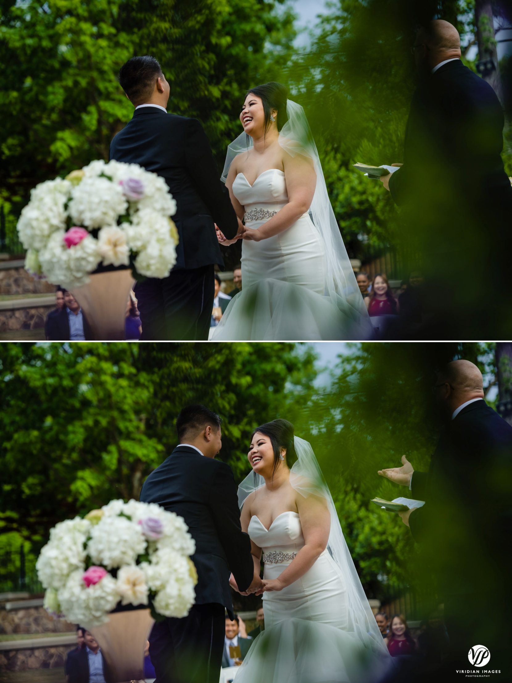 bride and groom laughing during ceremony