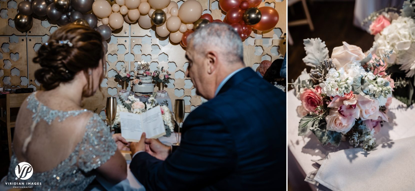 bride and groom reading gift card and centerpieces flowers