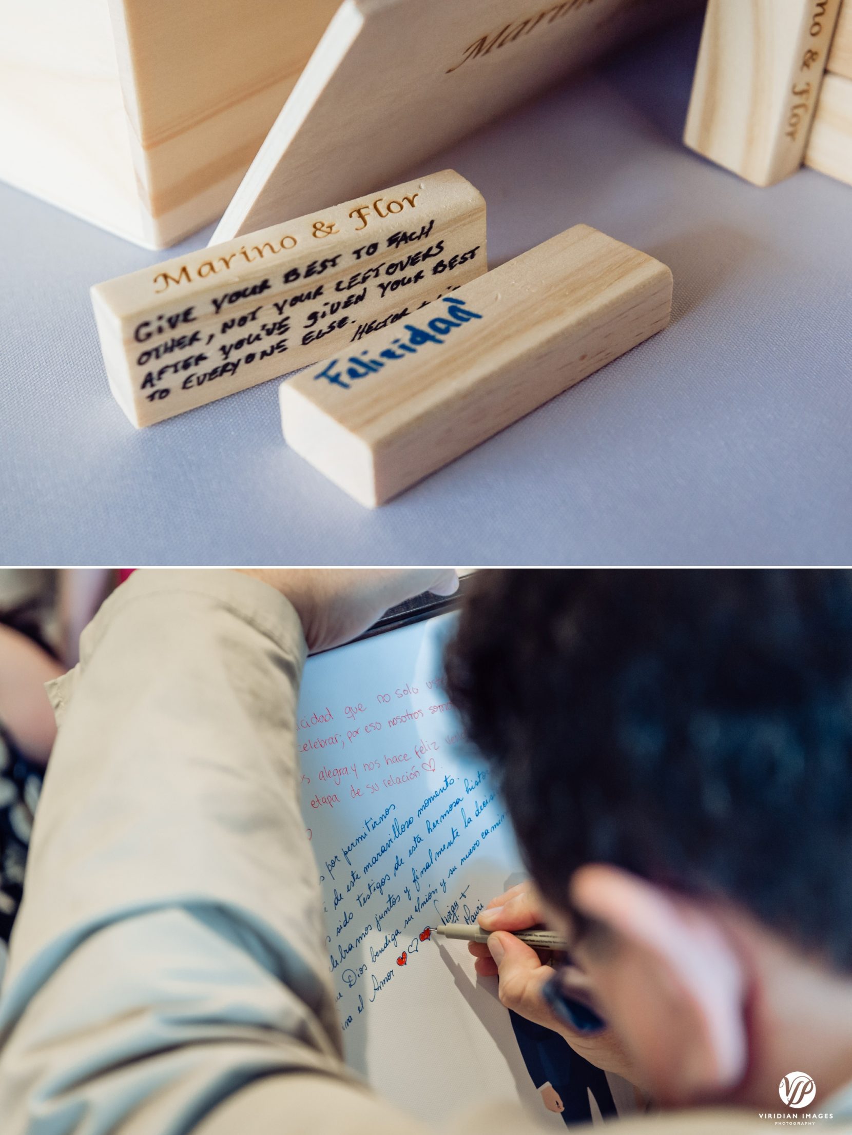 detail of guest well wishes for couple on jenga block and caricature art