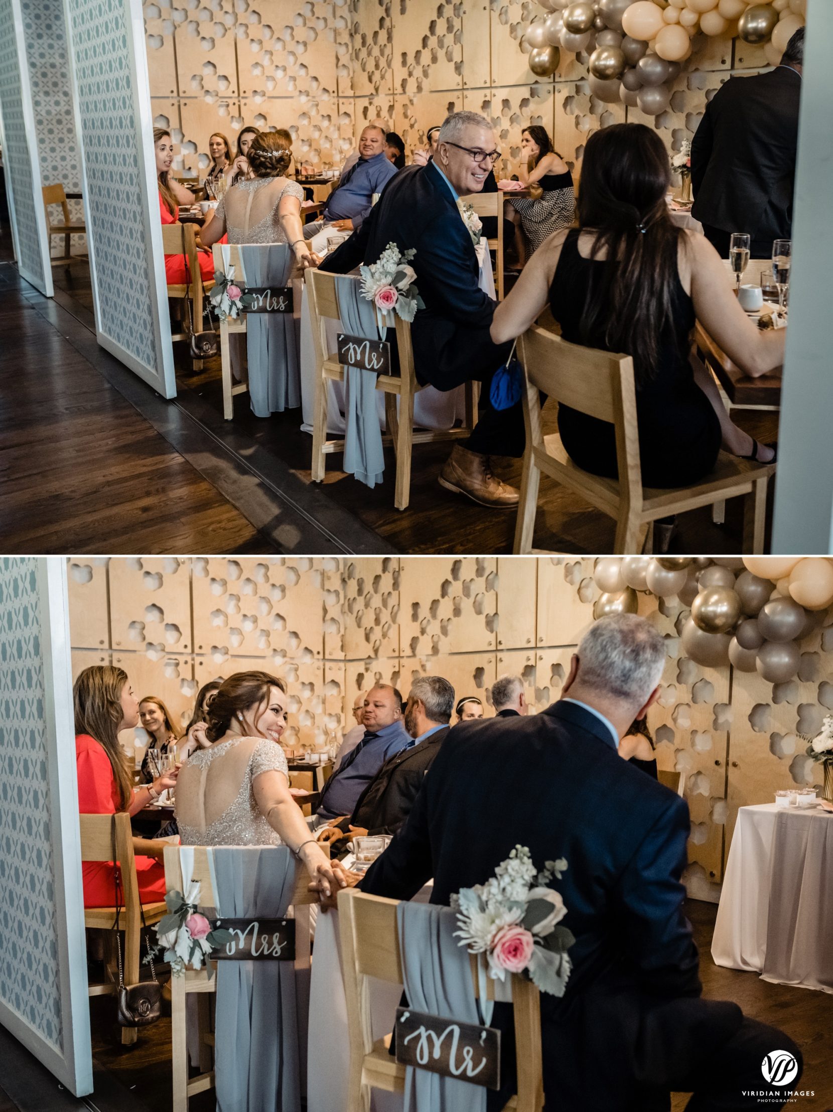 bride and groom holding hands while talking to other guests