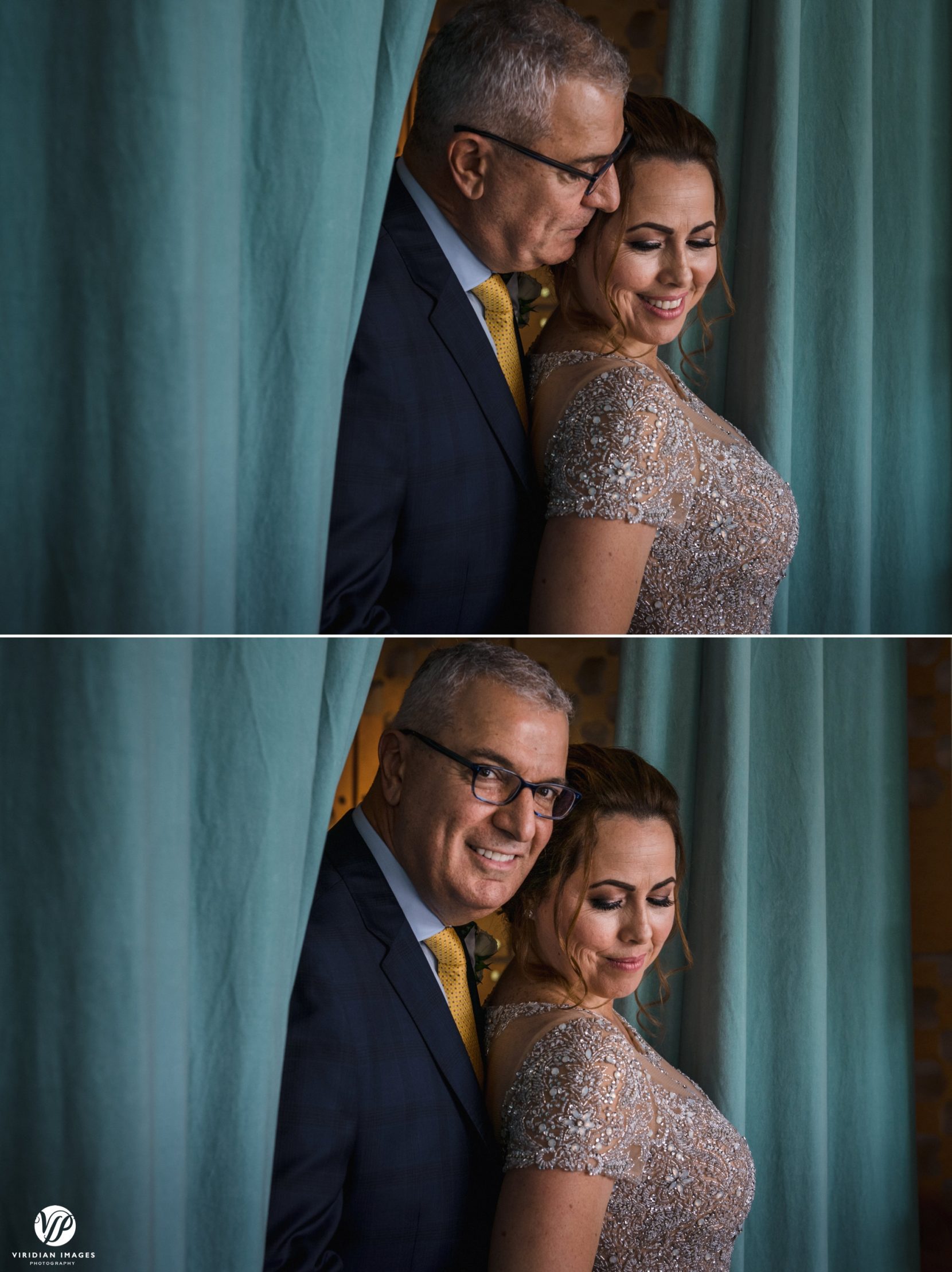 bride and groom portraits between teal drapes