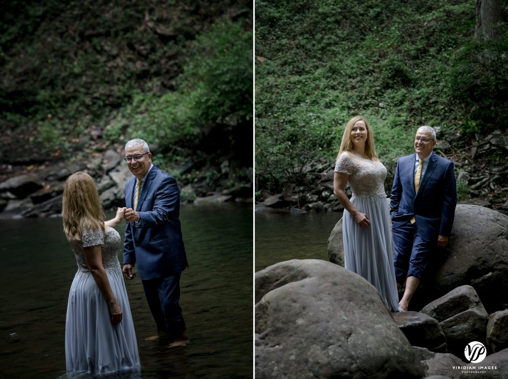 bride and groom inside lake during adventure post wedding session at cloudland canyon