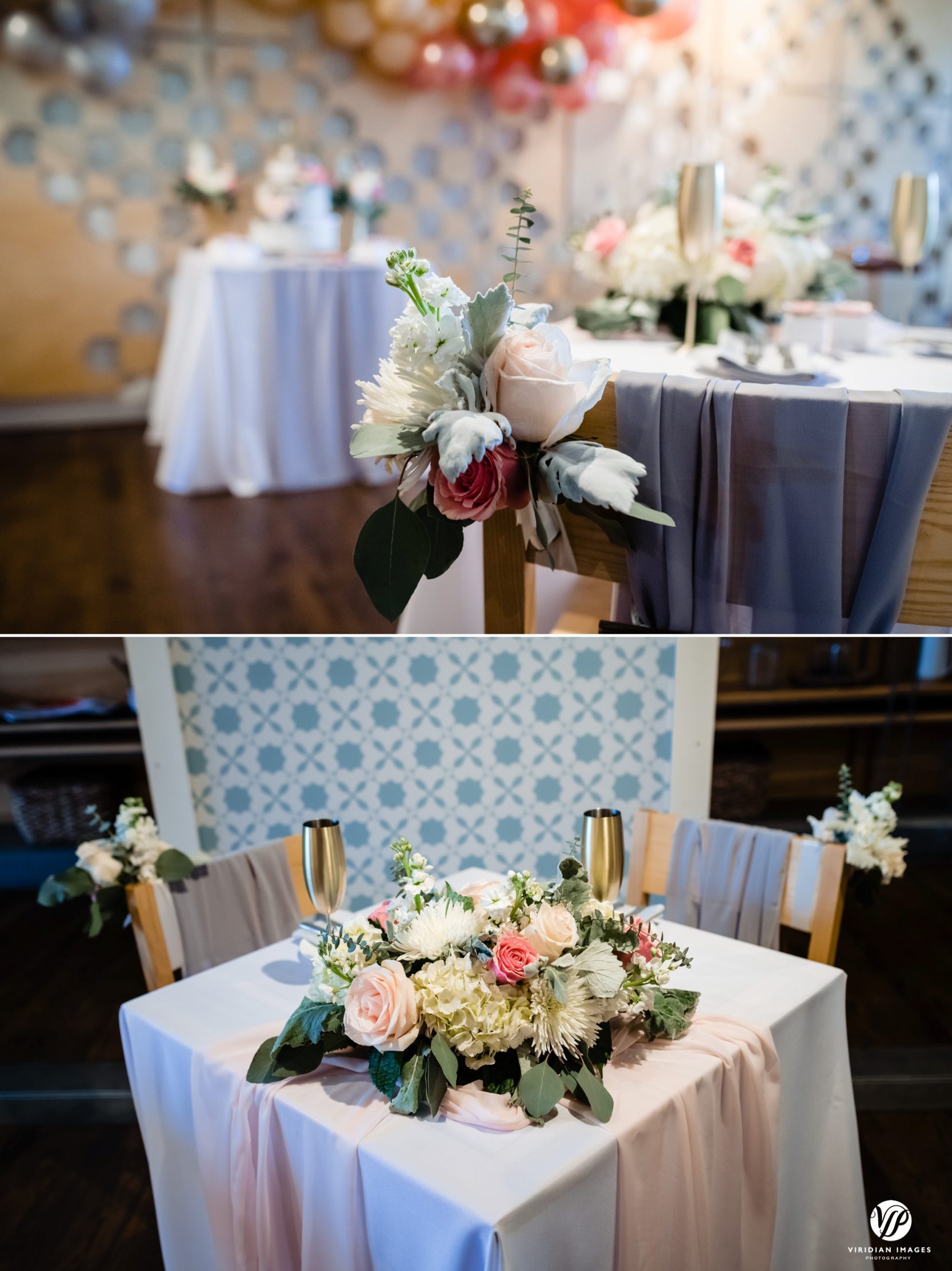 wedding table details flower clusters of pinks and blush