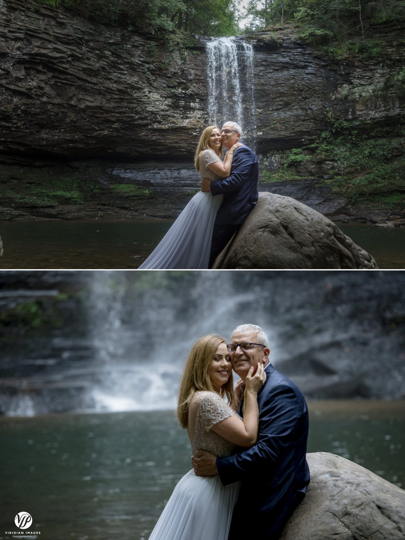 romantic photos front of waterfall adventure post wedding session at cloudland canyon