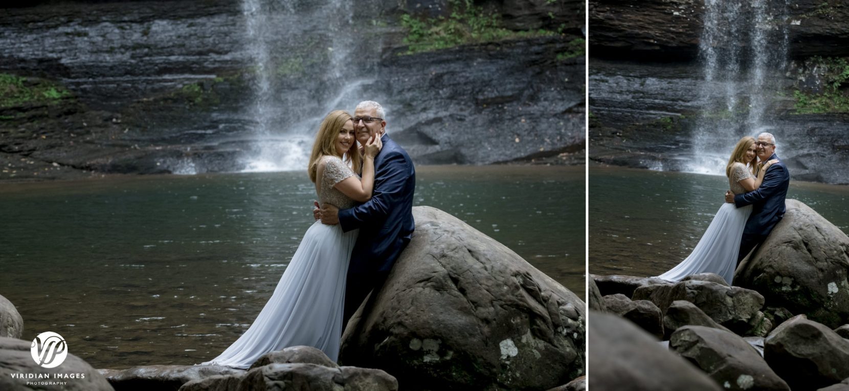 bride and groom photo in waterfall at cloudland canyon