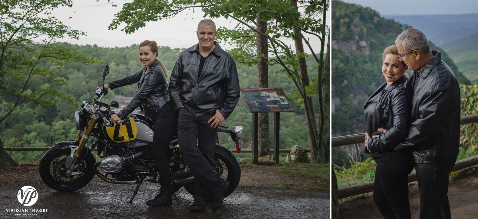 couple photo on bmw motorcycle adventure post wedding session at cloudland canyon
