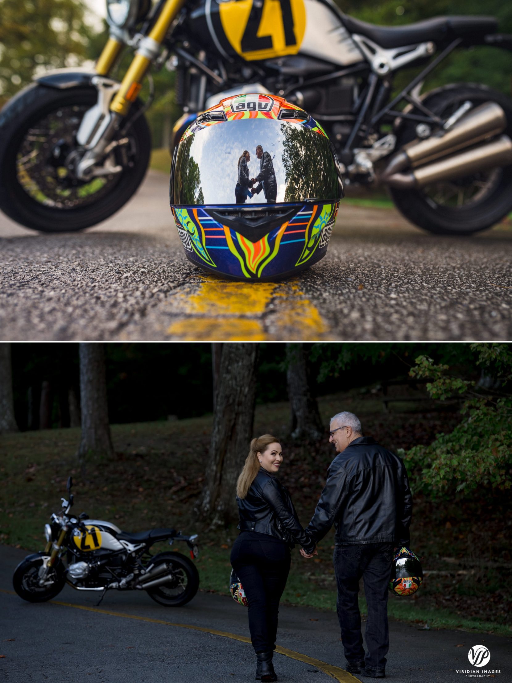 reflection of couple on colorful designer custom motorcycle helmet 
