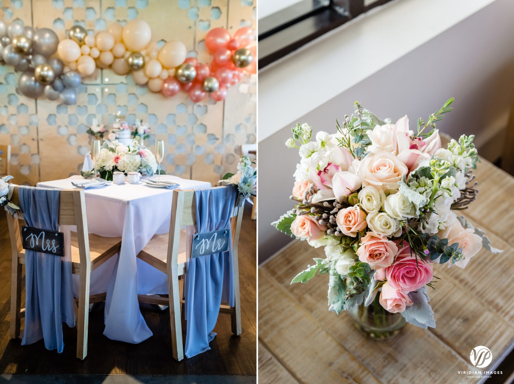 wedding reception table details and bride bouquet balloon garland and gray, peach and pink