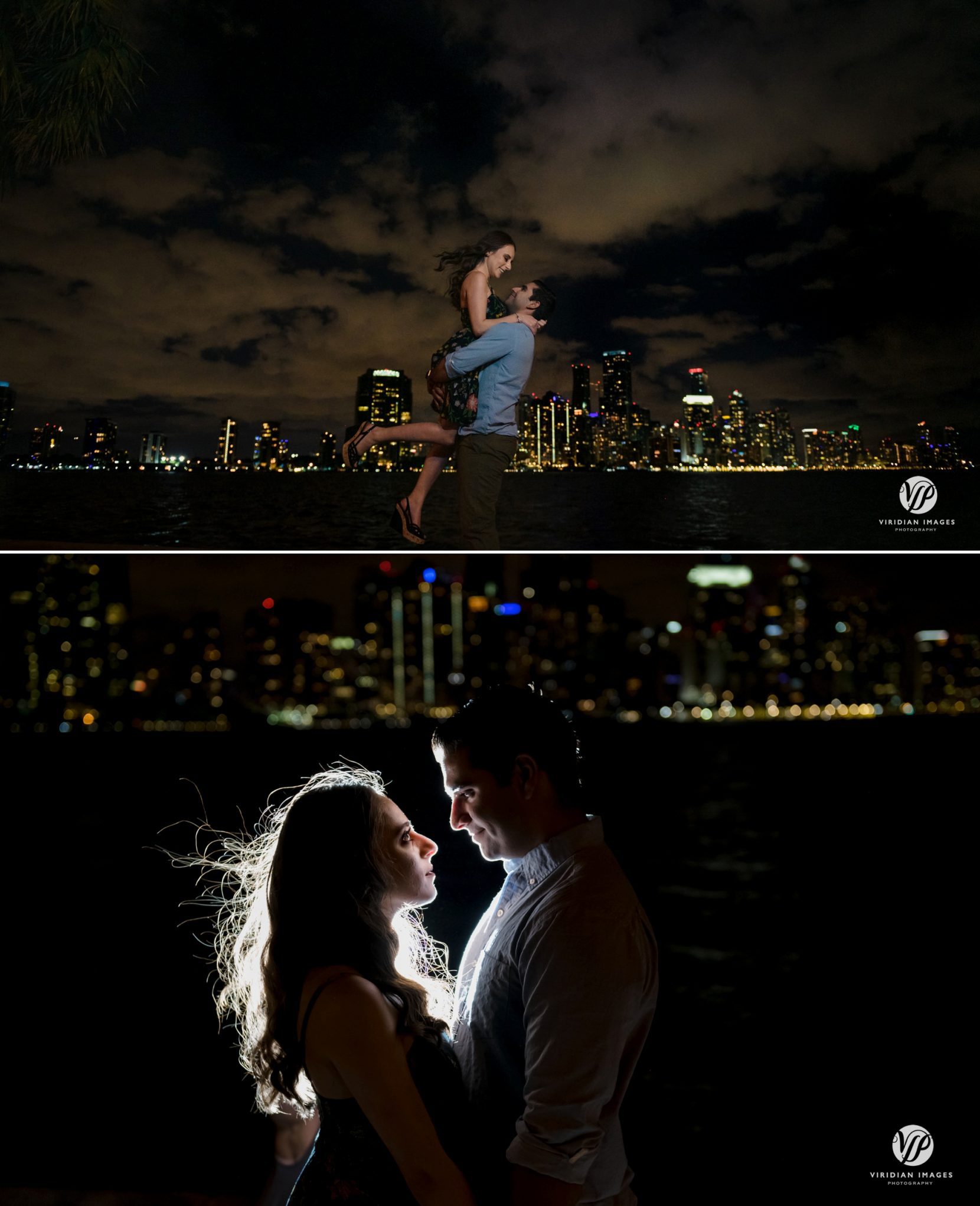 man picks up woman front of miami skyline at night creative night portrait