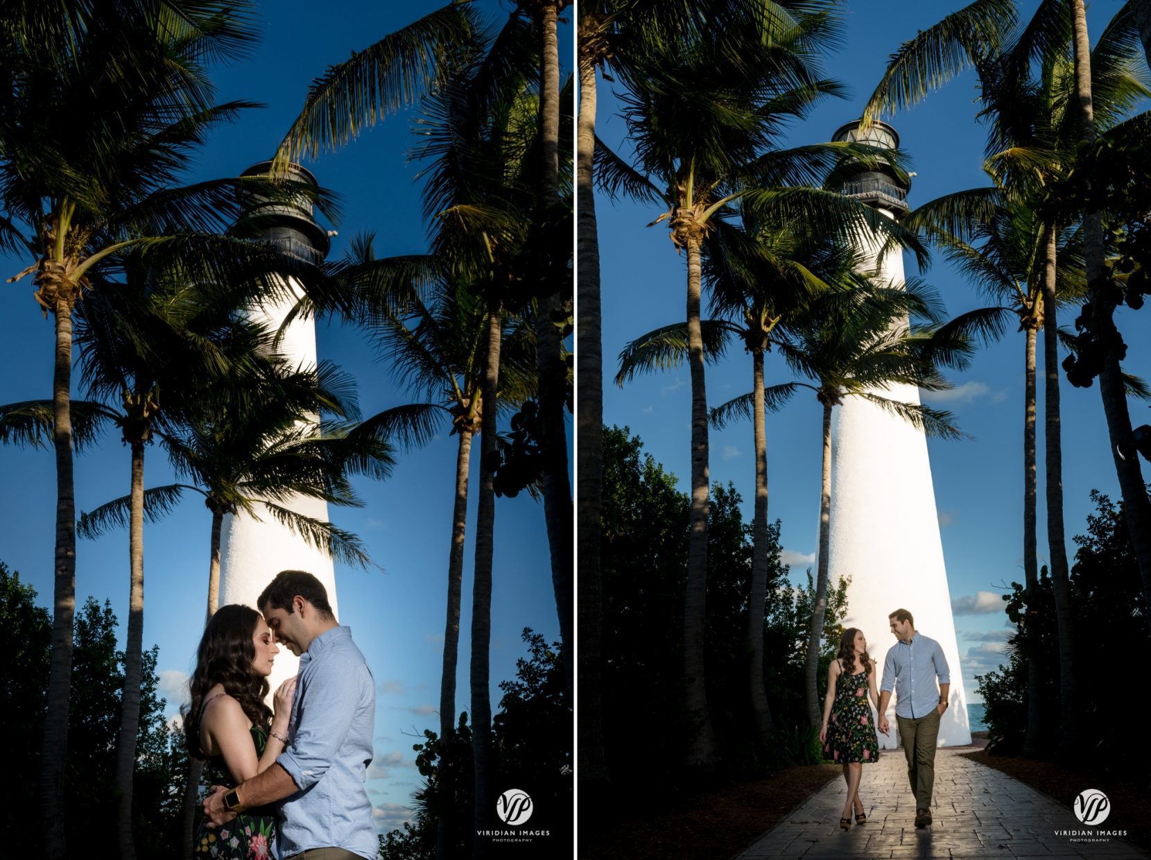 couple hugging and walking in front of lighthouse and along palm lined pathway