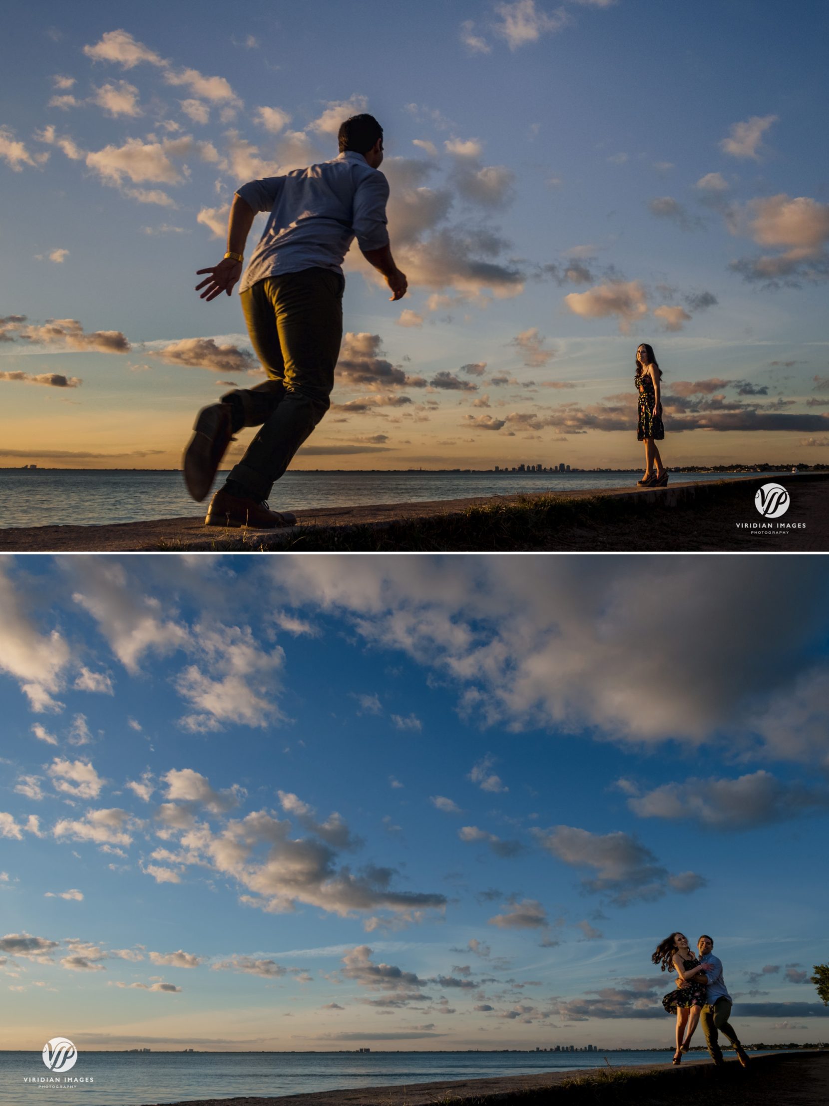 man running towards girl during sunset with miami skyline in background