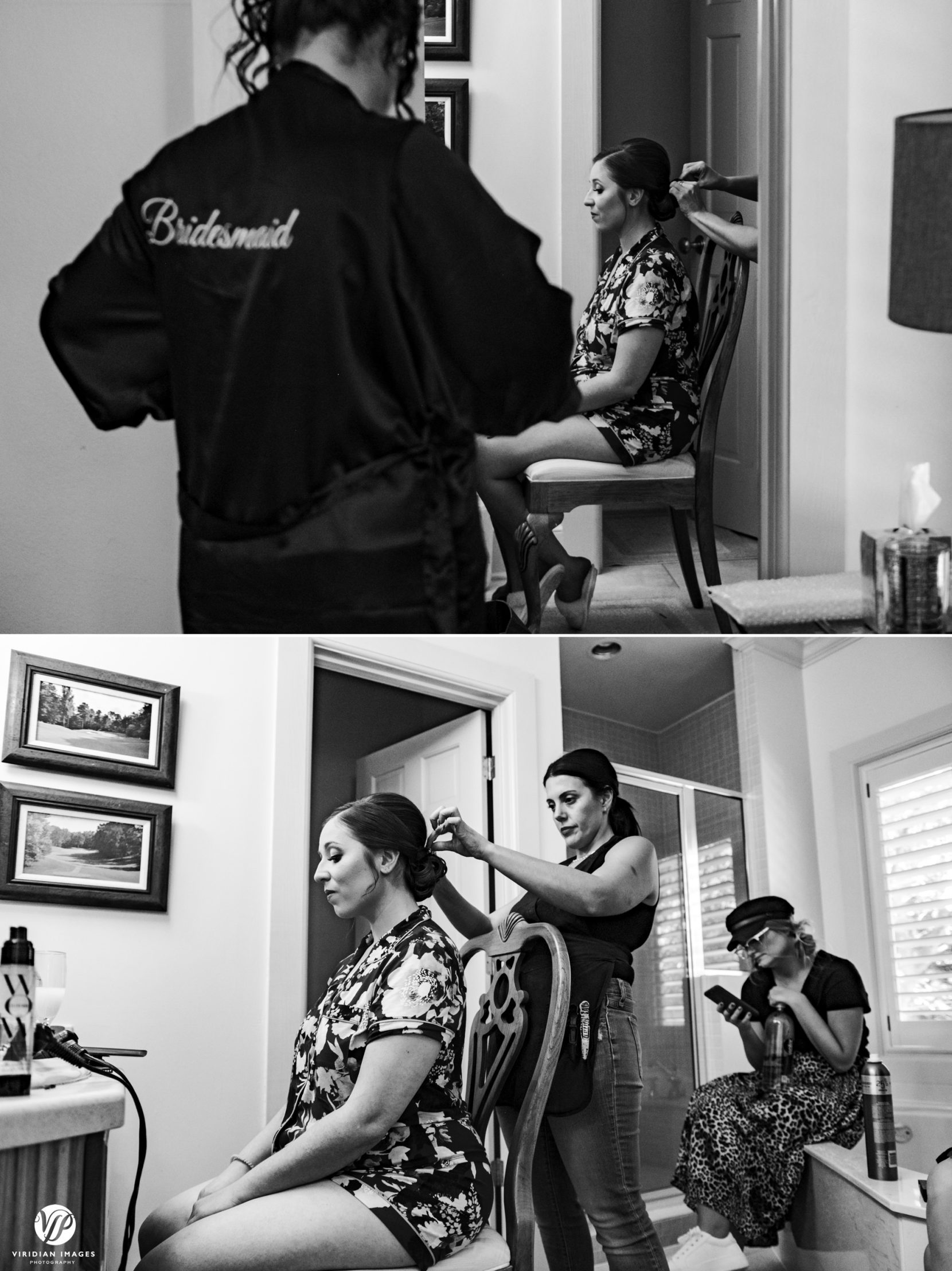 bride getting ready with hair. black and white