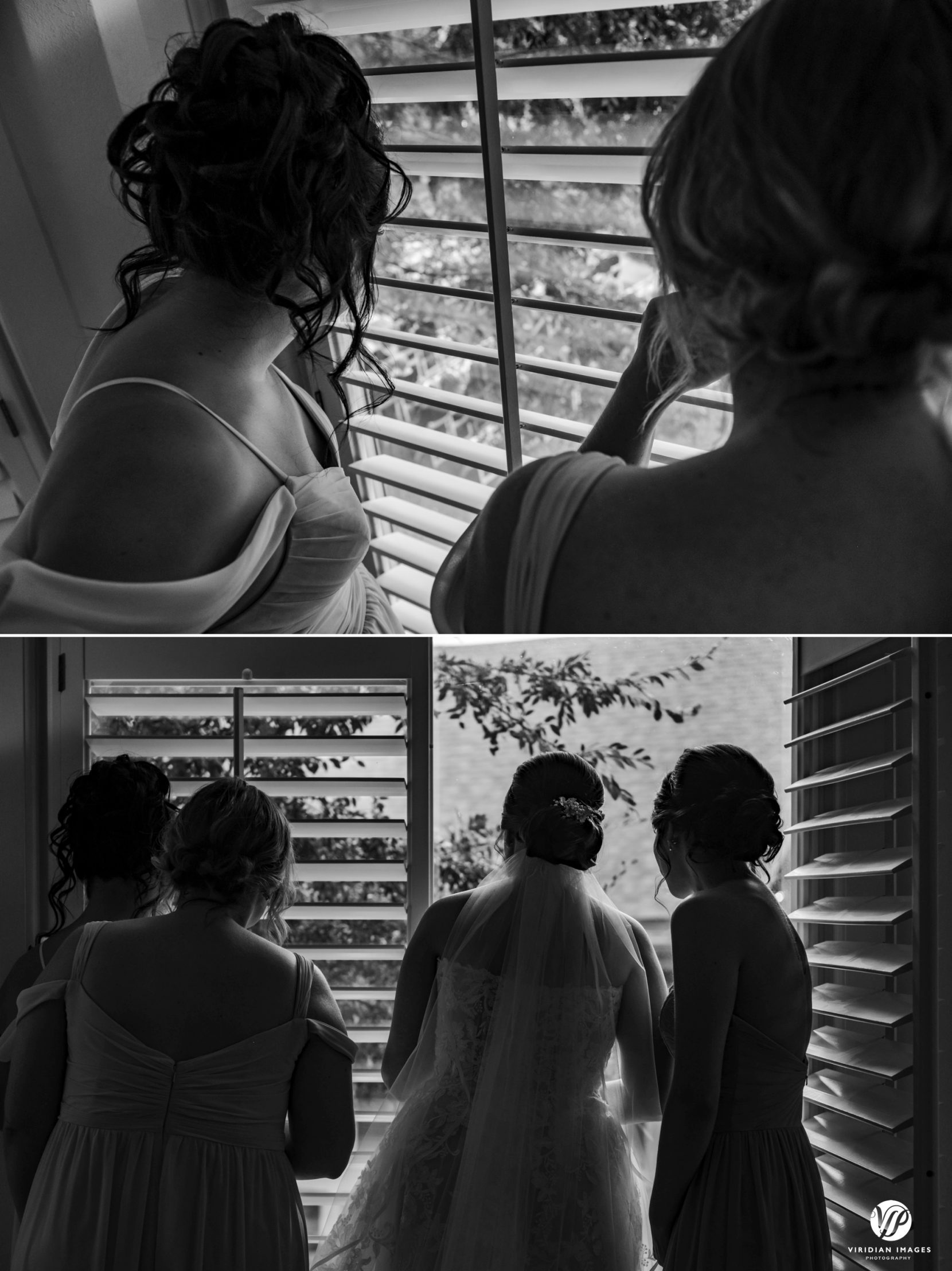 bride and bridesmaids looking through window at ceremony site