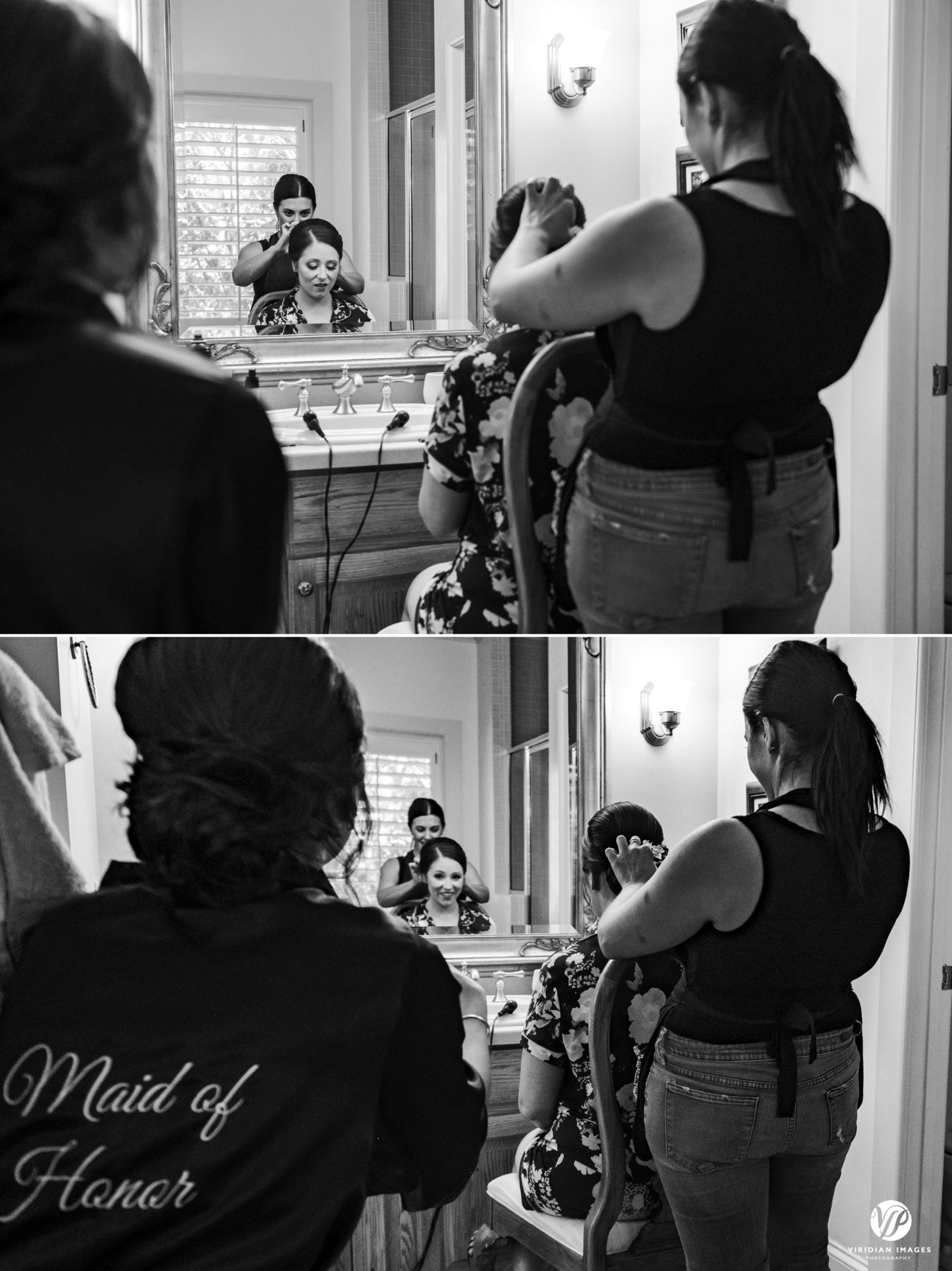 reflection of bride getting ready with maid of honor in foreground.