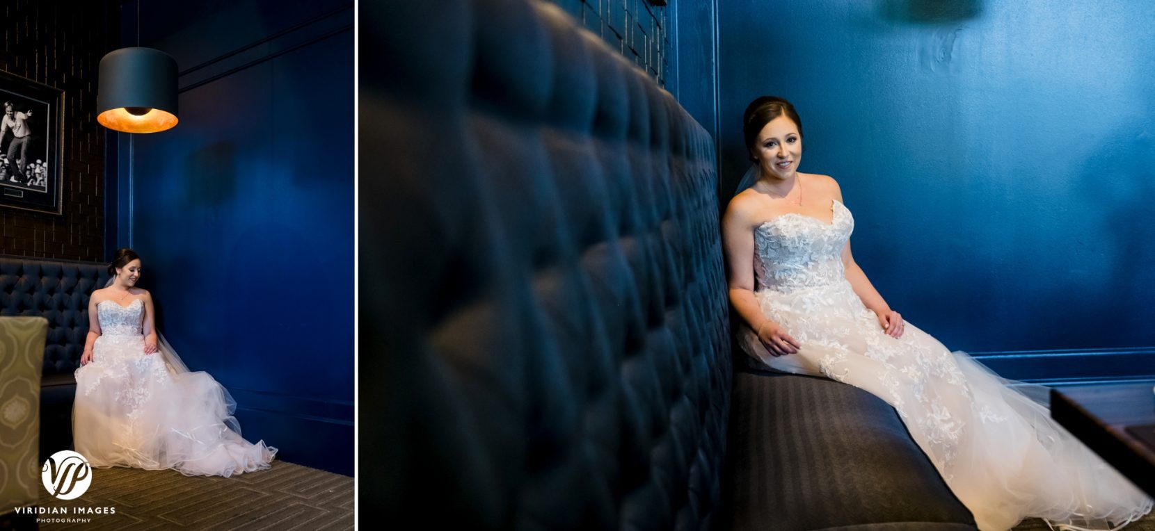 portrait of bride sitting on dark blue velvet bench