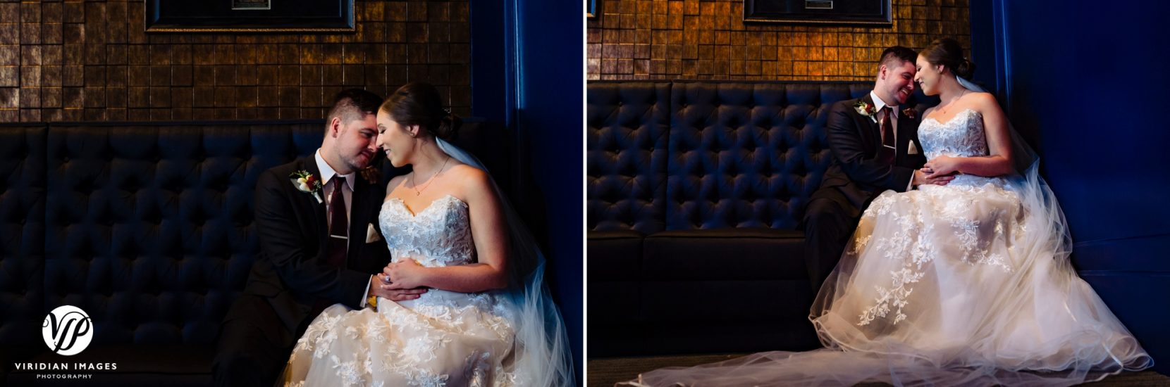 bride and groom portrait sitting on dark blue bench against copper wall