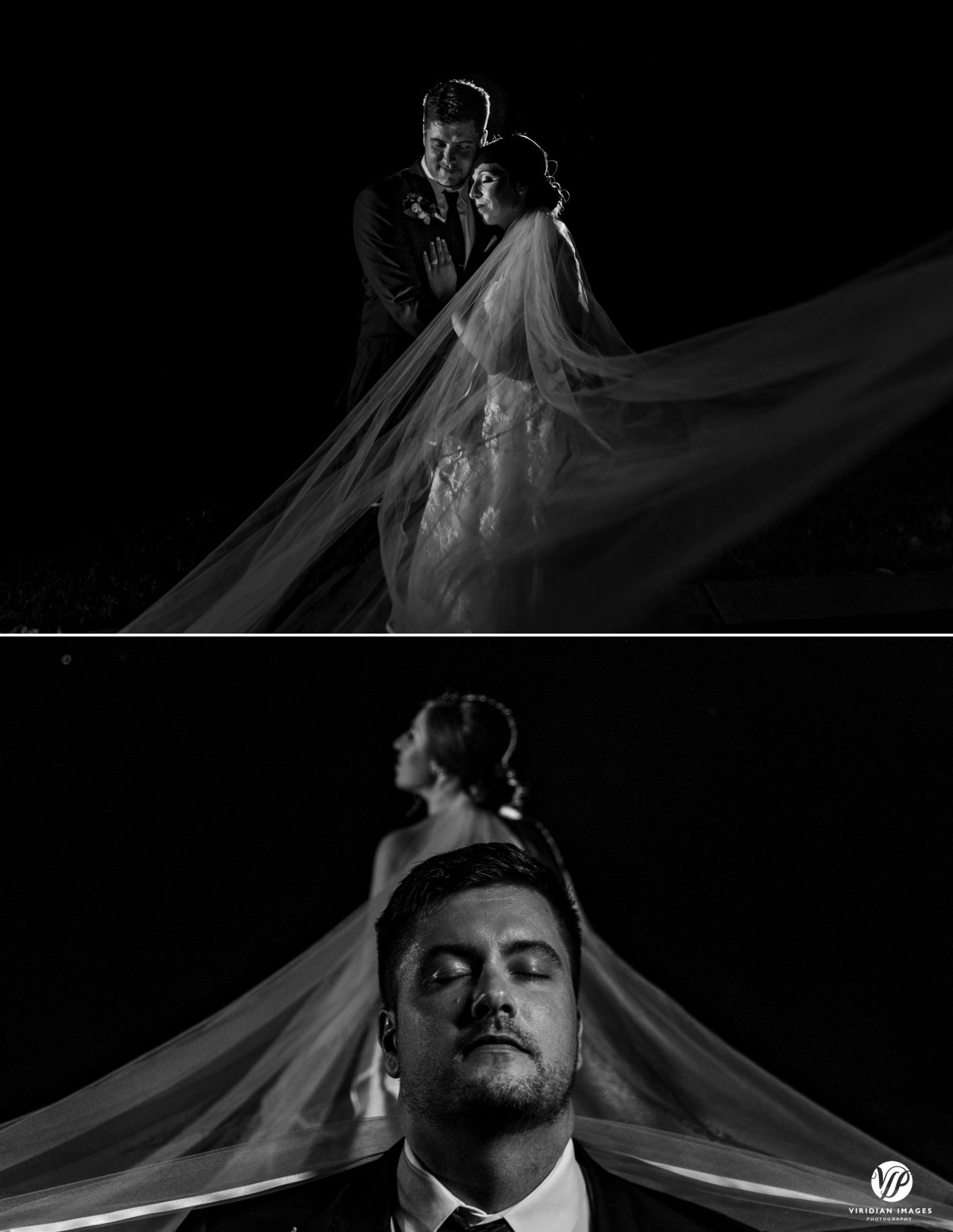 creative nighttime portraits with bride and groom in black and white