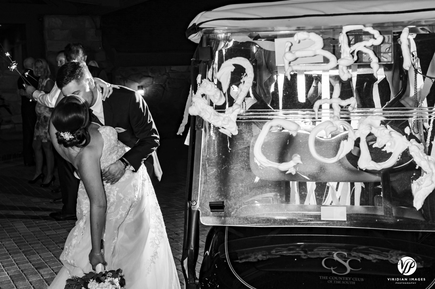 wedding exit sparkler and golf cart and shaving cream writing