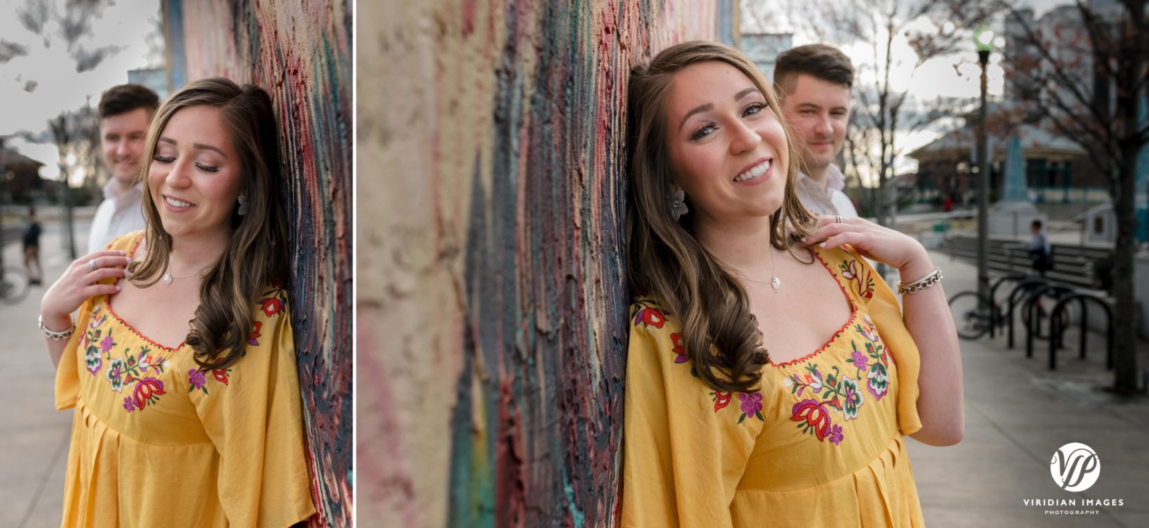 couple photographed against mural. focus on girl