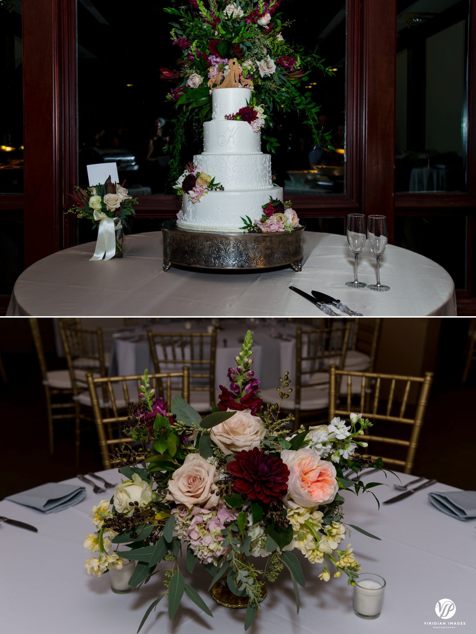 wedding cake and table flower centerpiece