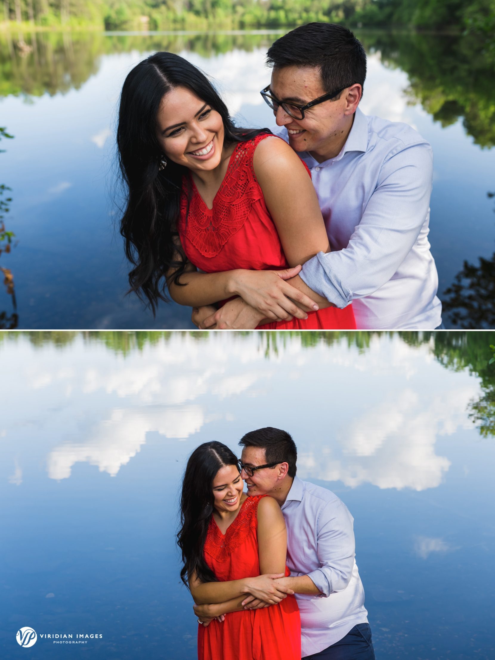 Playful couple in red dress with blue skies reflected on lake behind them at Arabia Mountain