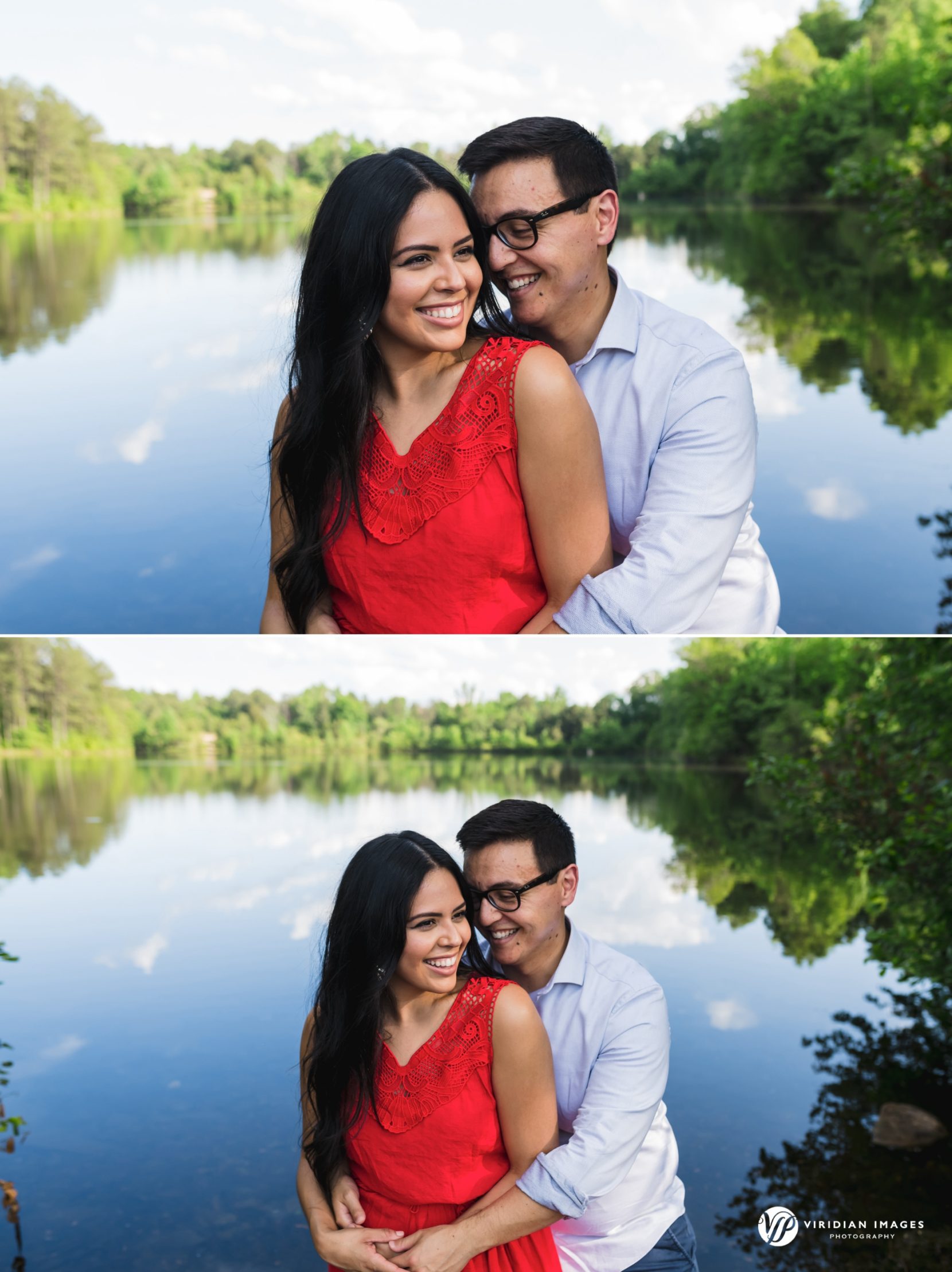Engaged couple in a vibrant red dress during her Arabia Mountain engagement session