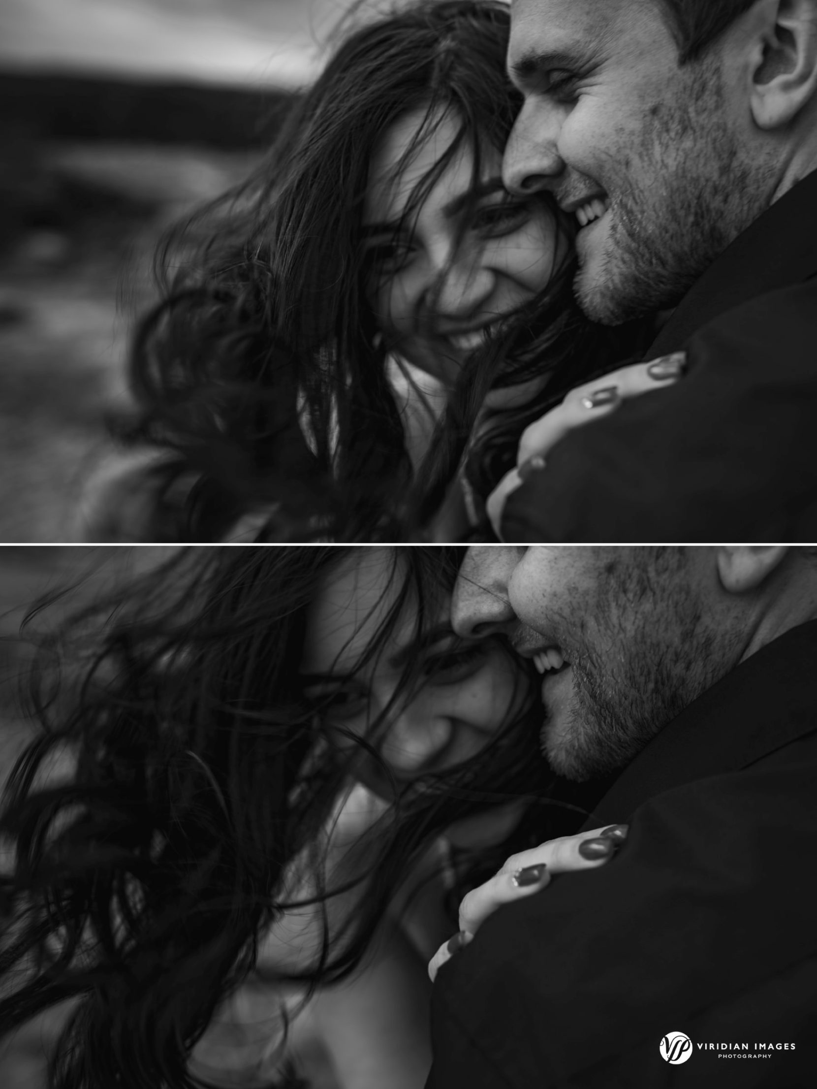 Hair flowing by the wind of couple hugging on top of a Mountain during spring engagement shoot