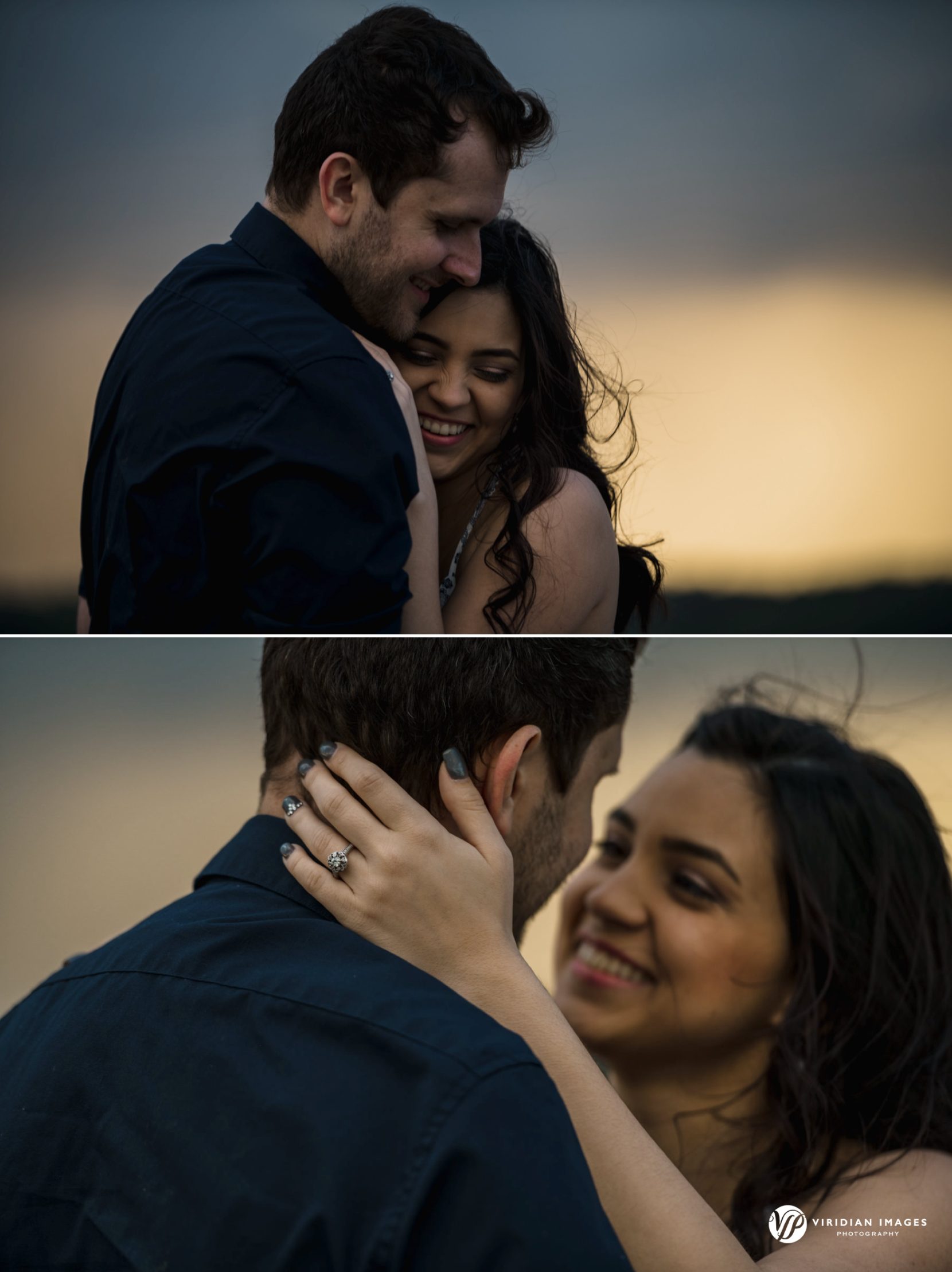 Closeup of couple embracing with ring shot during engagement session while storm clouds gather