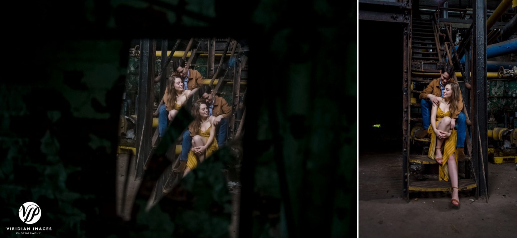 Couple sitting on rusted stairs while reflection of couple is seen through broken glass