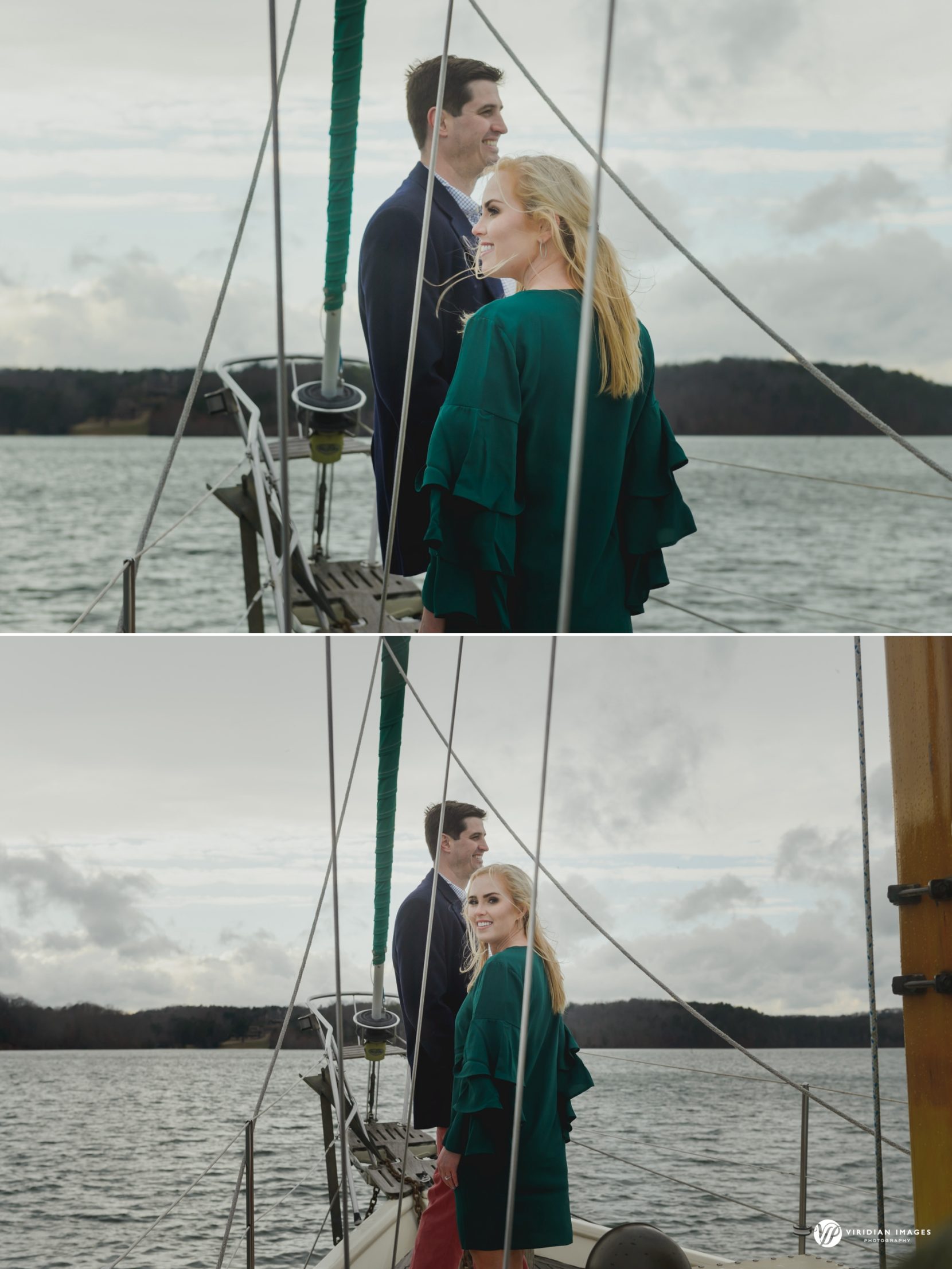 Editorial style photo of couple standing on deck of sailboat as clouds give way to sun