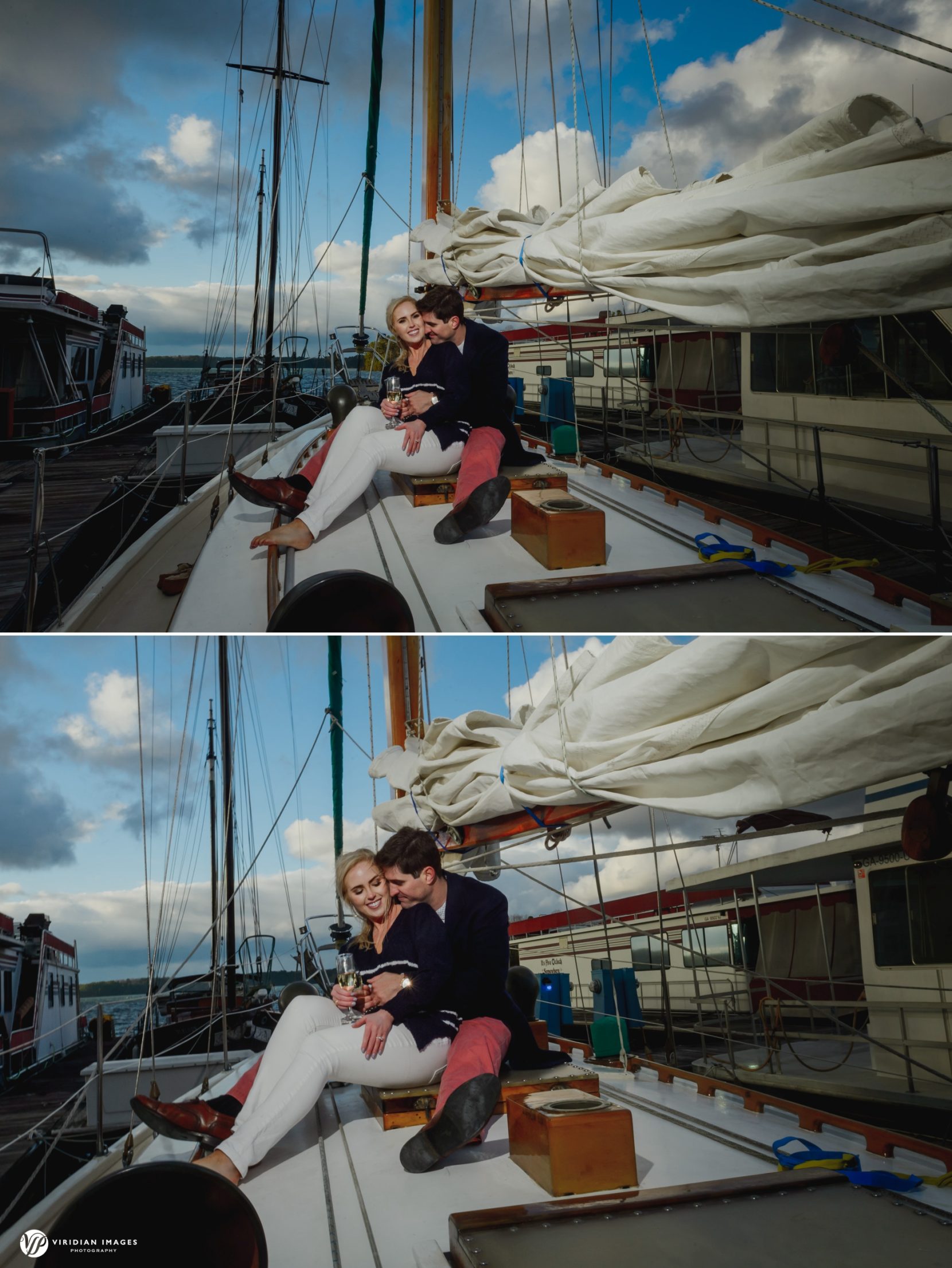 Couple enjoying champagne after docking sailboat at Lake Lanier